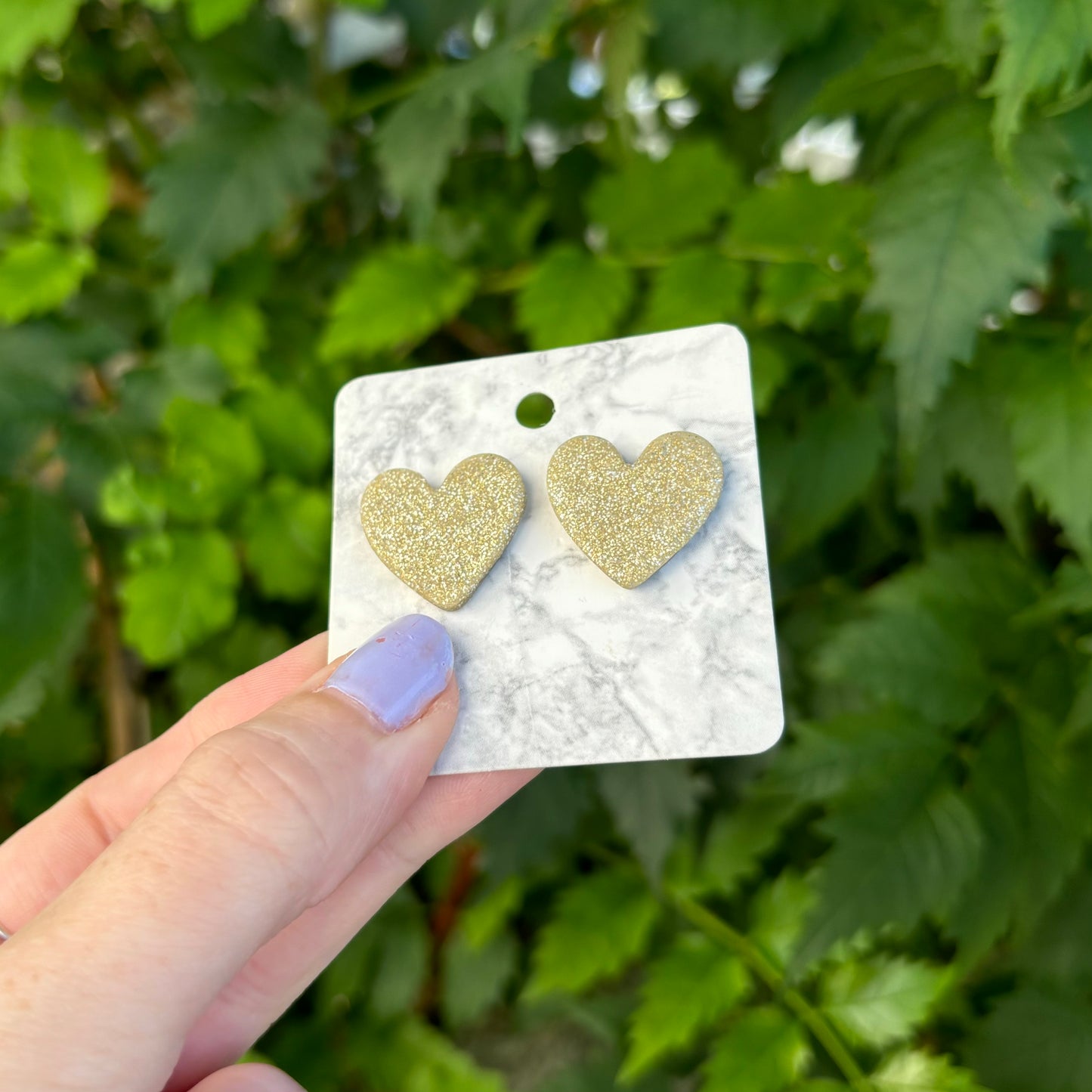 Gold Glitter Polymer Clay Medium Heart Stud Earrings – Handmade Elegance