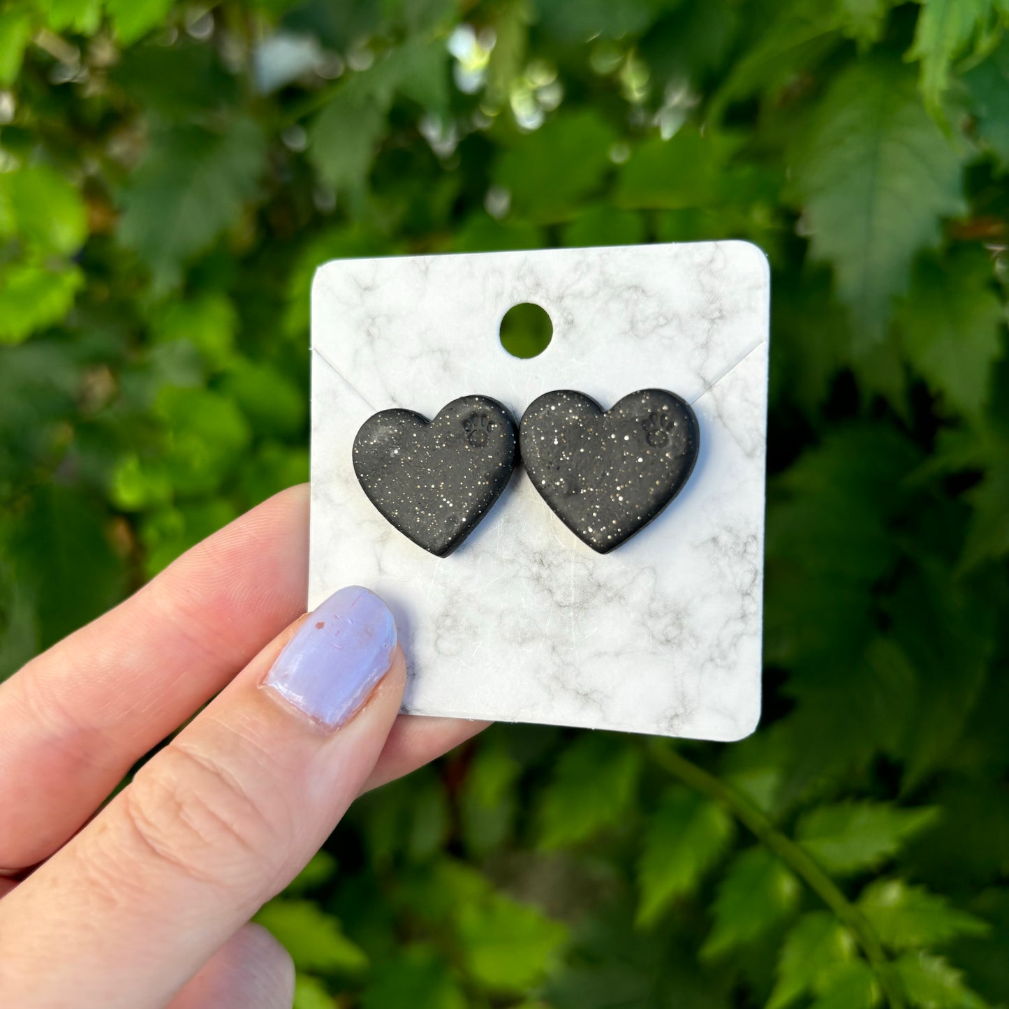 Black Paw Print Signature Medium Polymer Clay Heart Stud Earrings Handmade