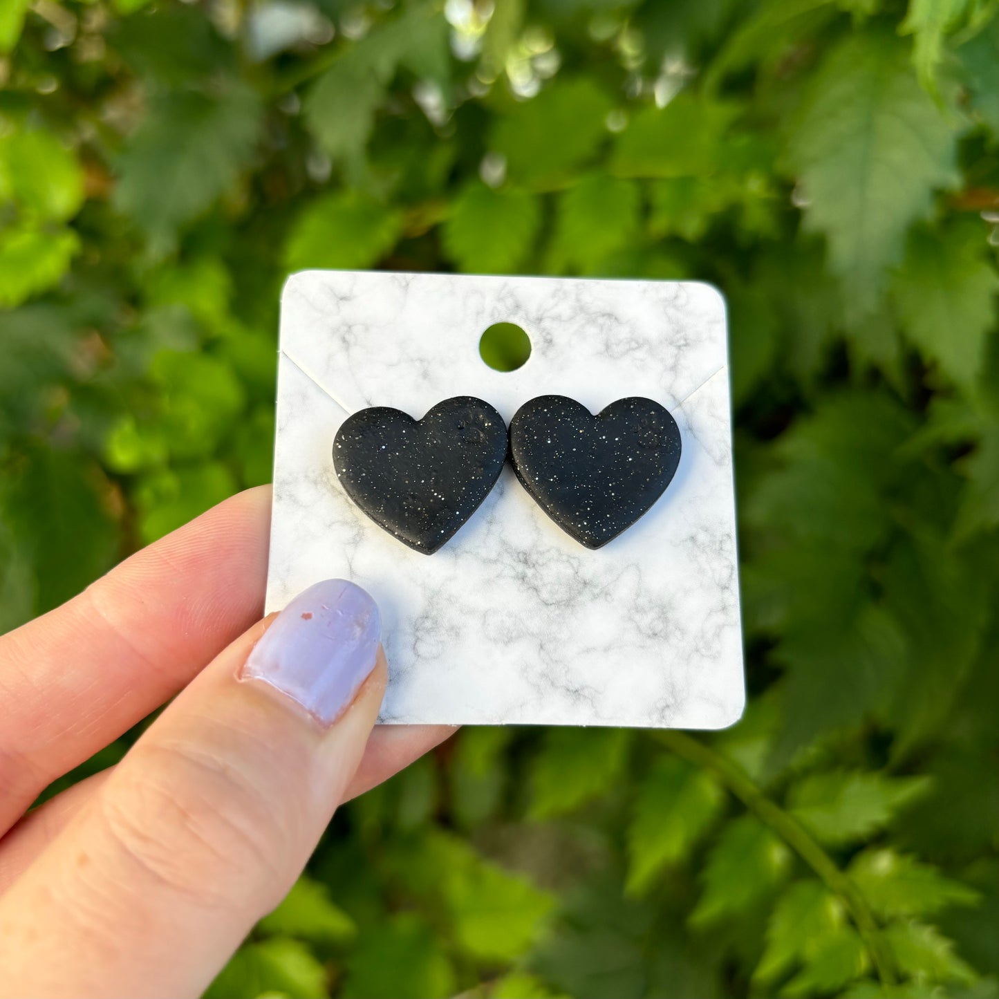 Black Paw Print Signature Medium Polymer Clay Heart Stud Earrings Handmade