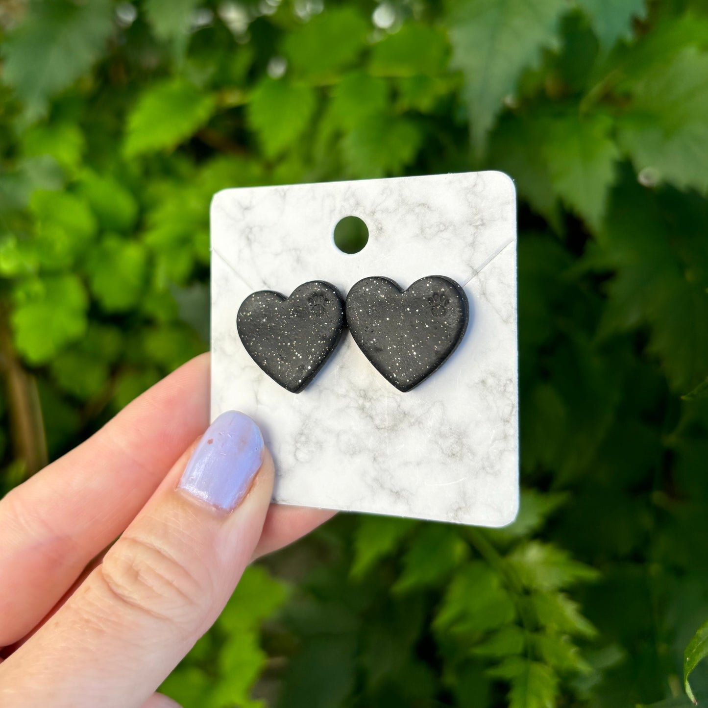 Black Paw Print Signature Medium Polymer Clay Heart Stud Earrings Handmade