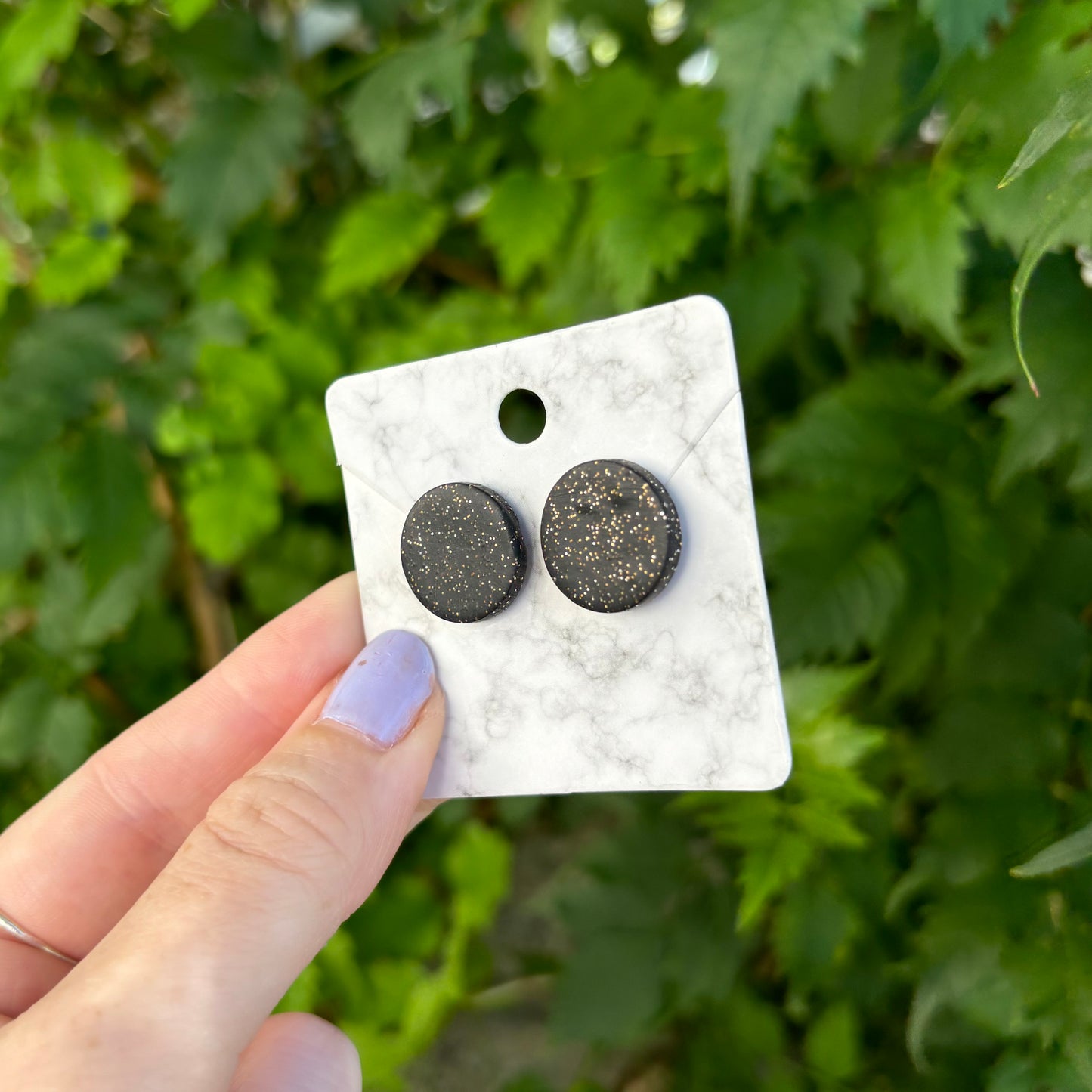 Black Glitter Medium Polymer Clay Round Stud Earrings