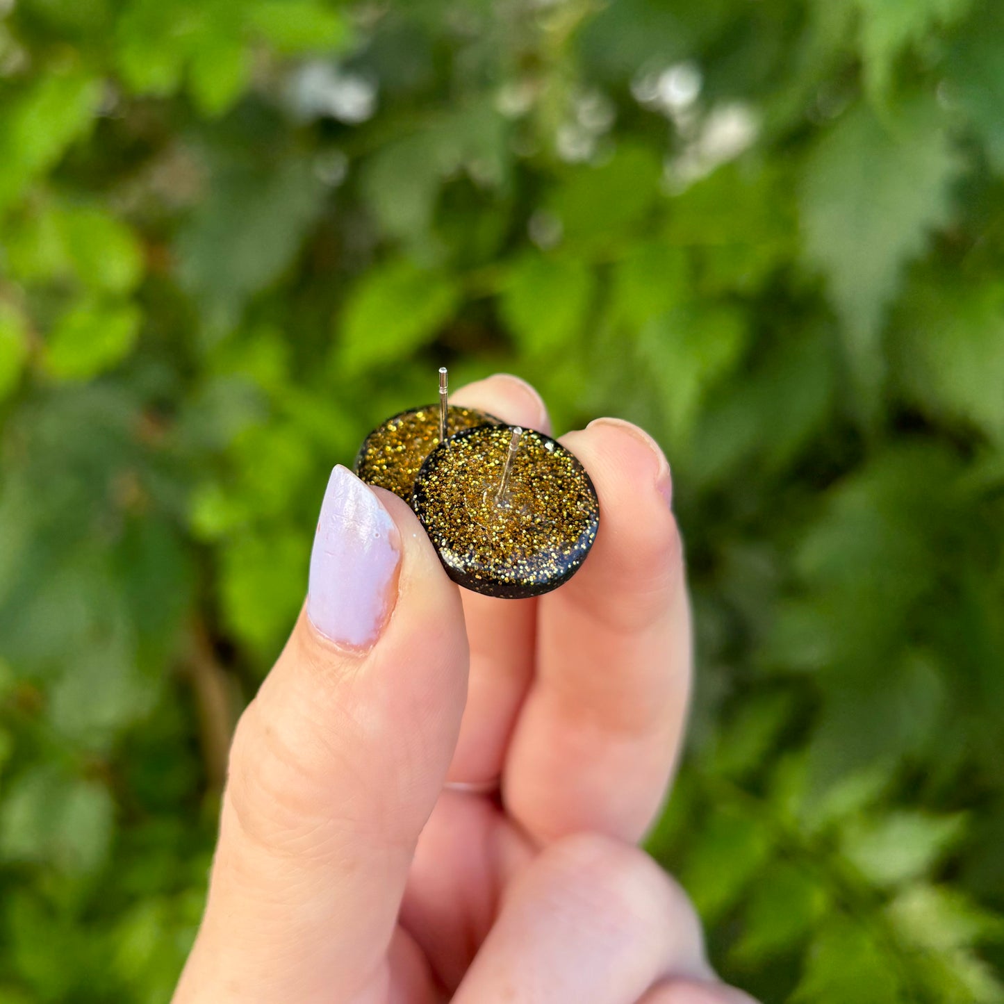 Black Glitter Medium Polymer Clay Round Stud Earrings