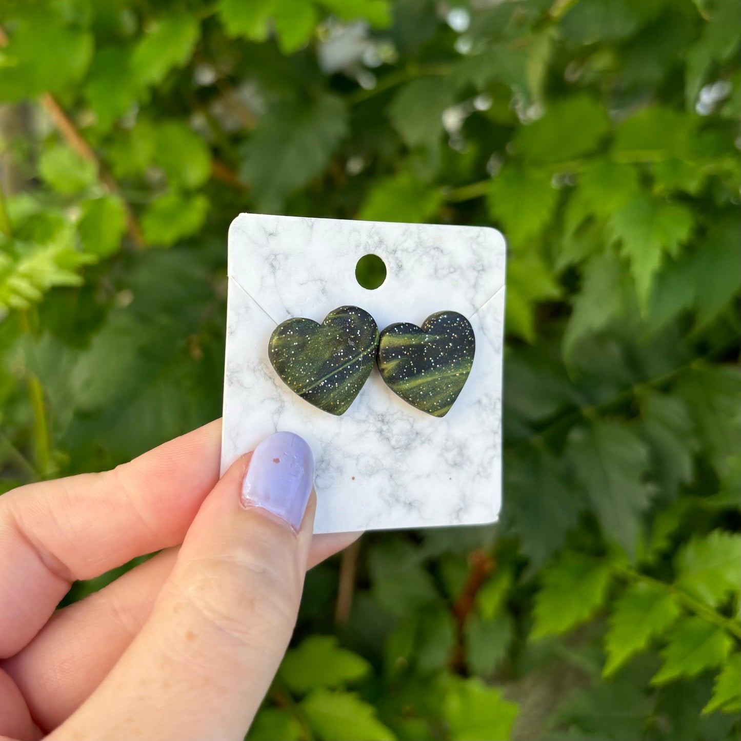 Marbled Black & Green Medium  Clay Heart Stud Earrings  Handmade