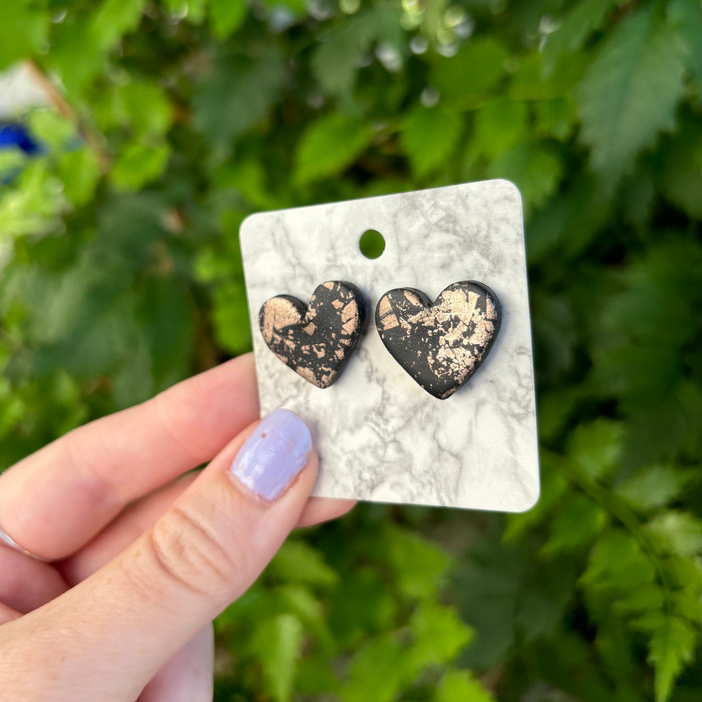 Black & Sterling Silver Medium Polymer Clay Heart Stud Earrings Handmade