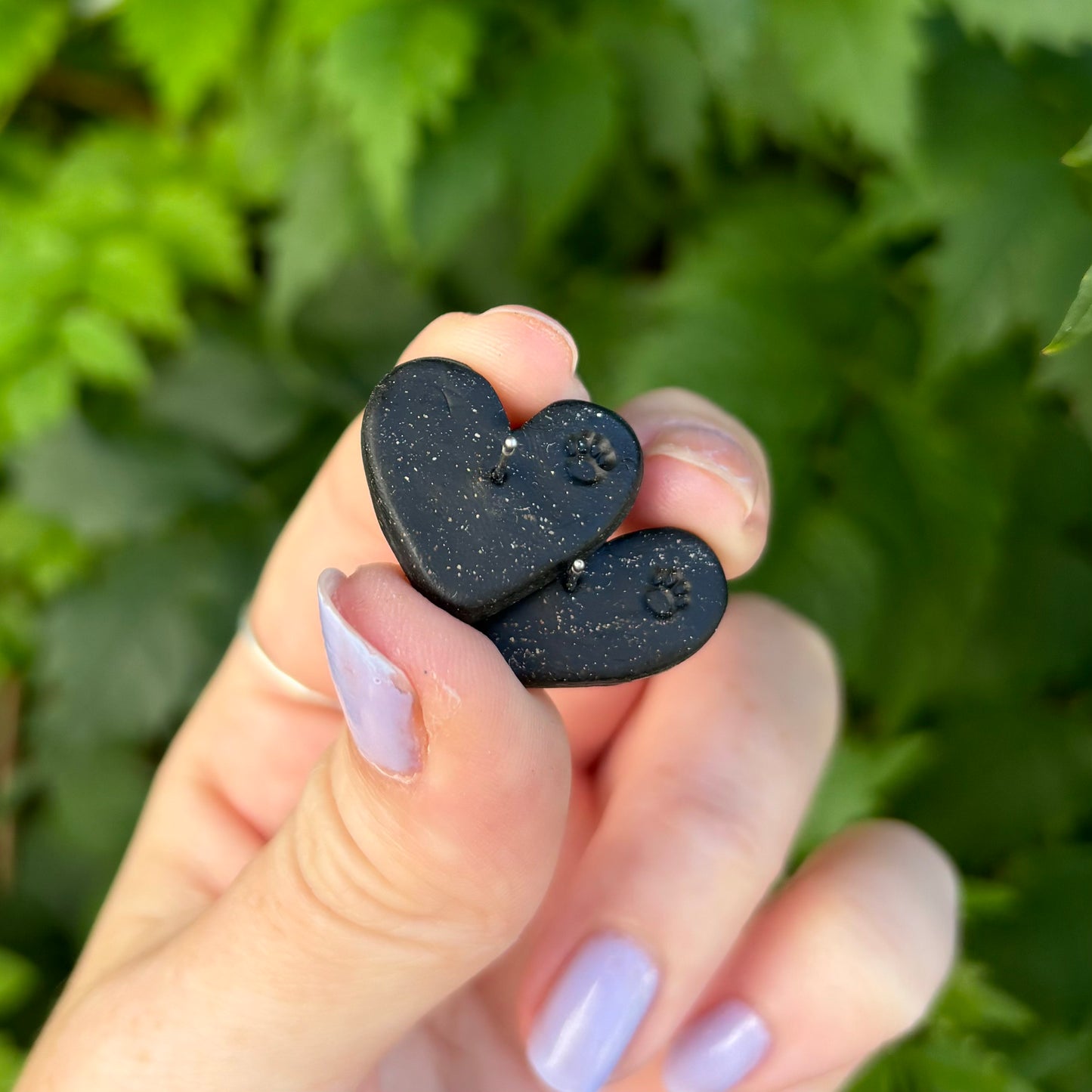 Black & Sterling Silver Medium Polymer Clay Heart Stud Earrings Handmade