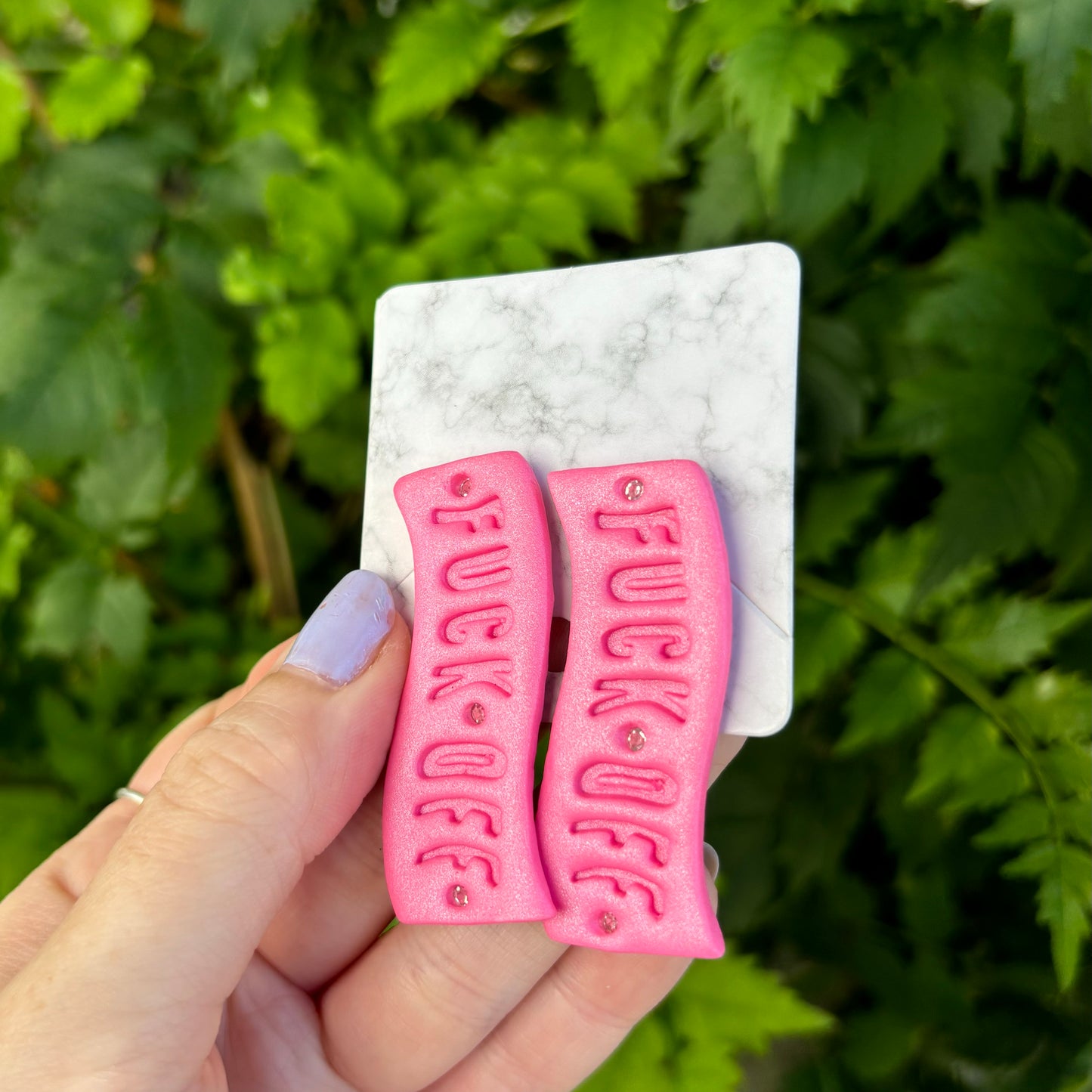 Fuck Off Pink Polymer Clay Curved Stud Earrings – XL Handmade Statement