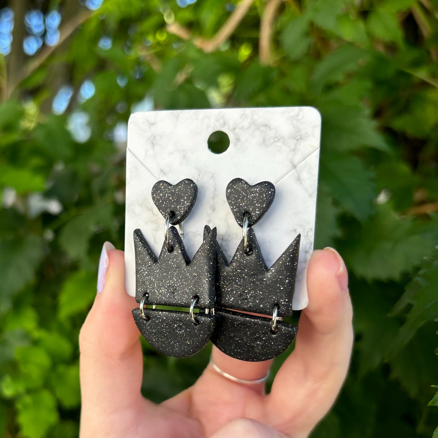 Queen of Heart XL Black Polymer Clay Dangle Earrings Handmade