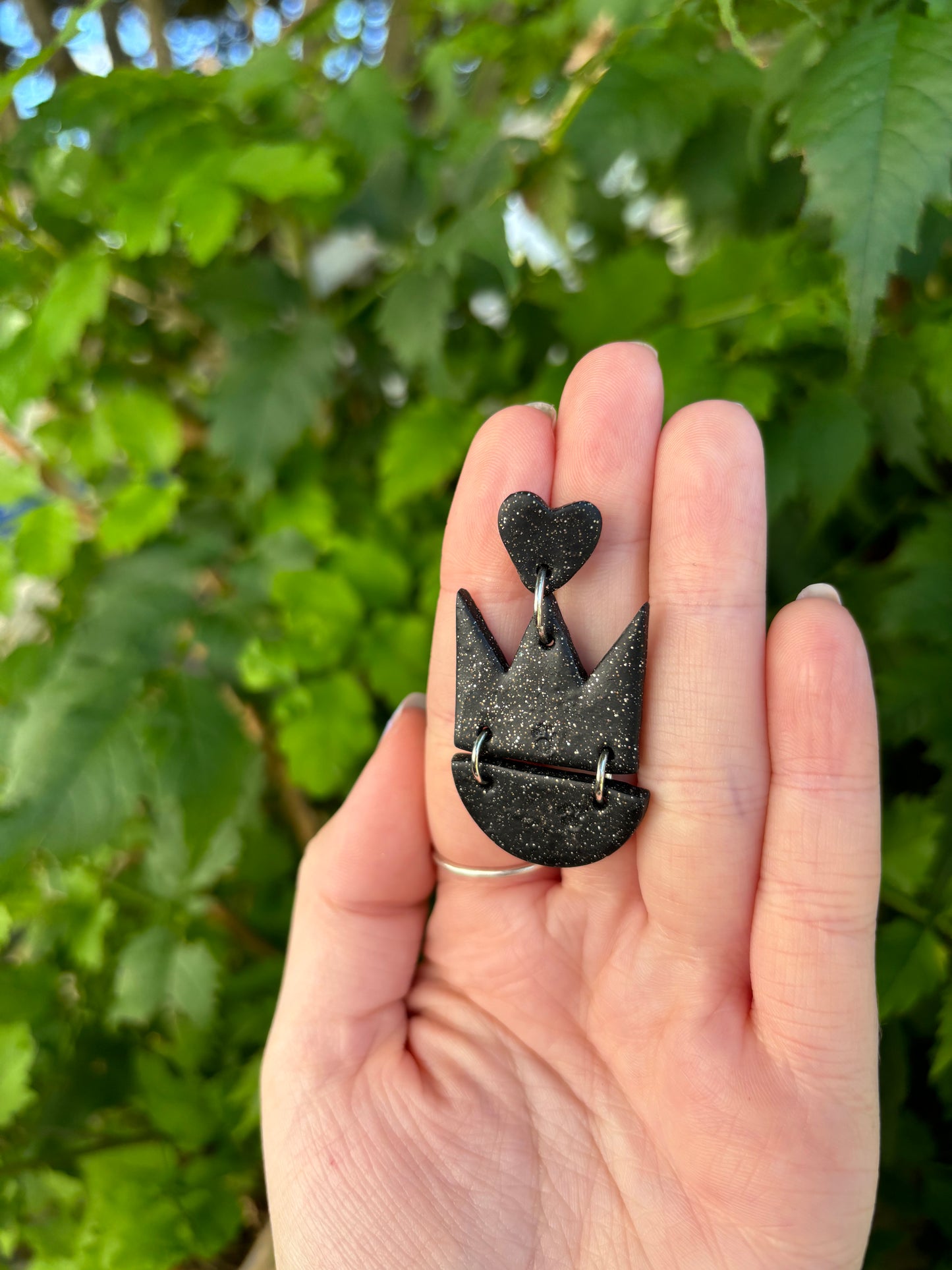 Queen of Heart XL Black Polymer Clay Dangle Earrings Handmade