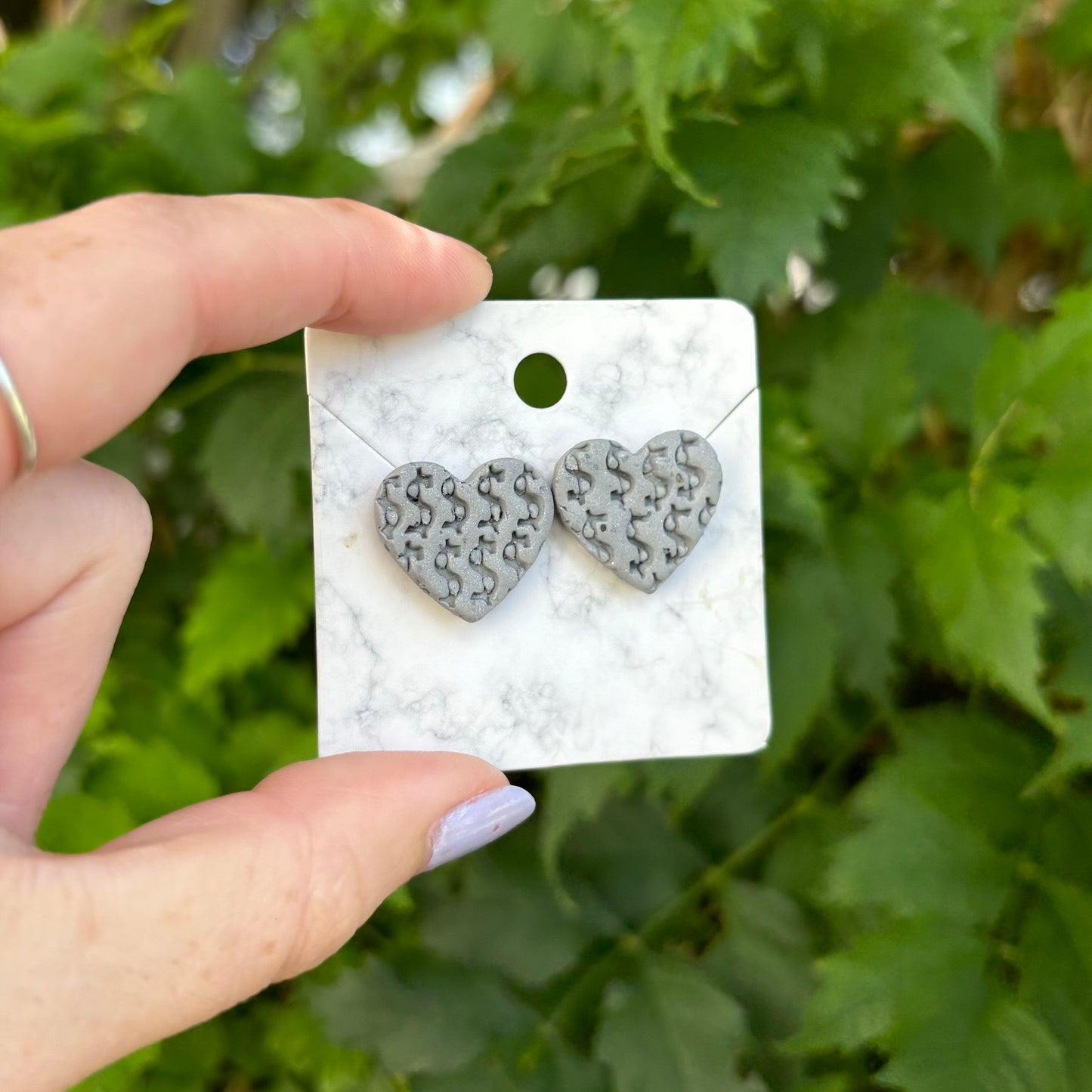 Money Magic Gray Medium Polymer Clay Heart Stud Earrings Handmade