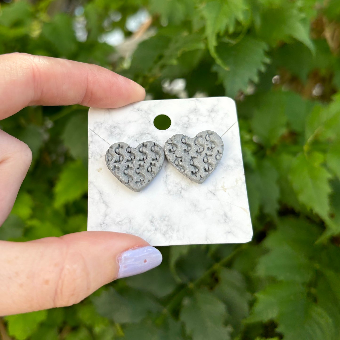 Money Magic Gray Medium Polymer Clay Heart Stud Earrings Handmade