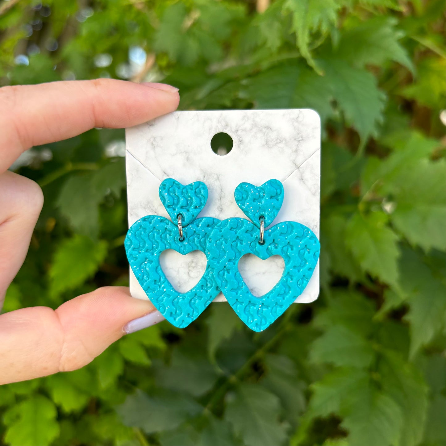 Money Magic X Large Blue Polymer Clay Heart Dangle Earrings Handmade