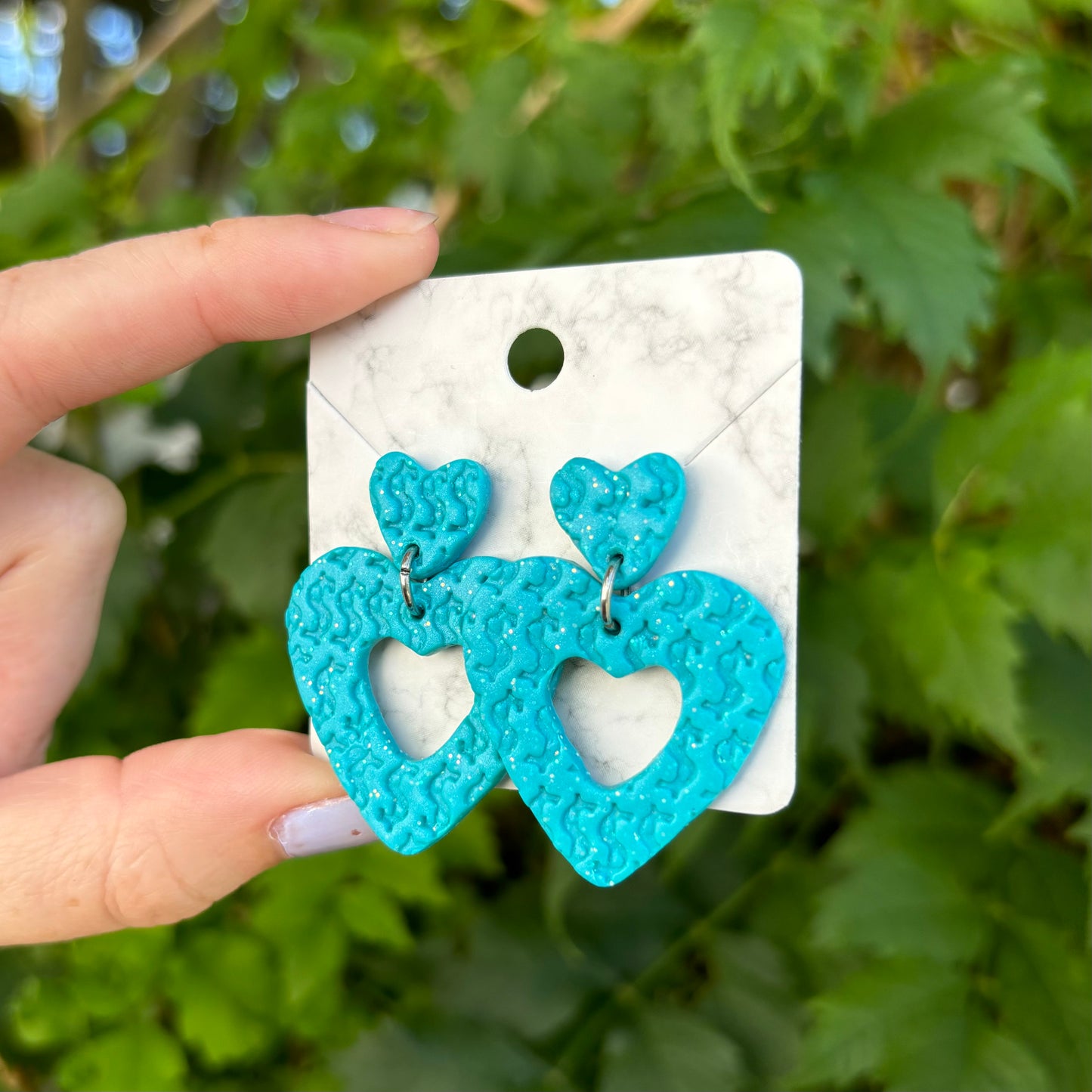 Money Magic X Large Blue Polymer Clay Heart Dangle Earrings Handmade