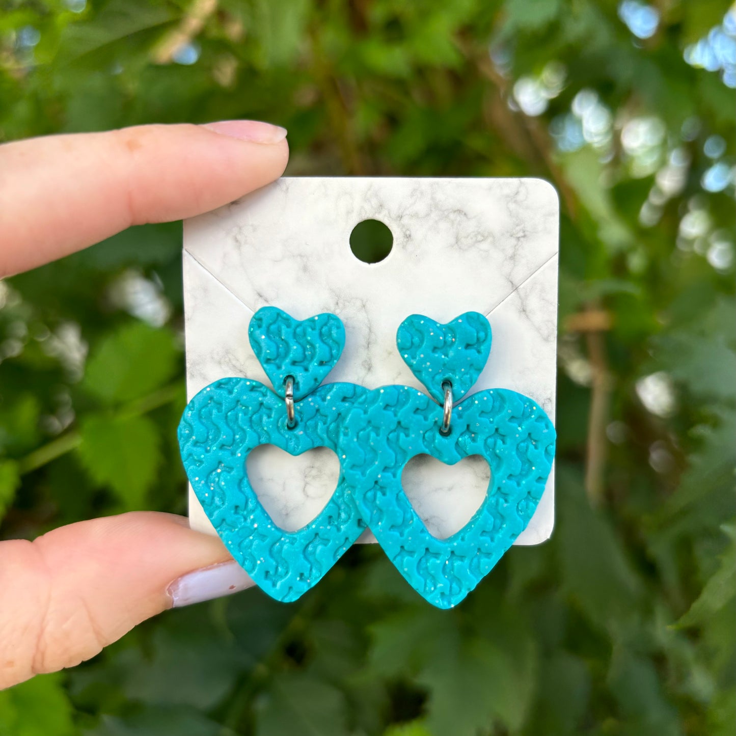 Money Magic X Large Blue Polymer Clay Heart Dangle Earrings Handmade