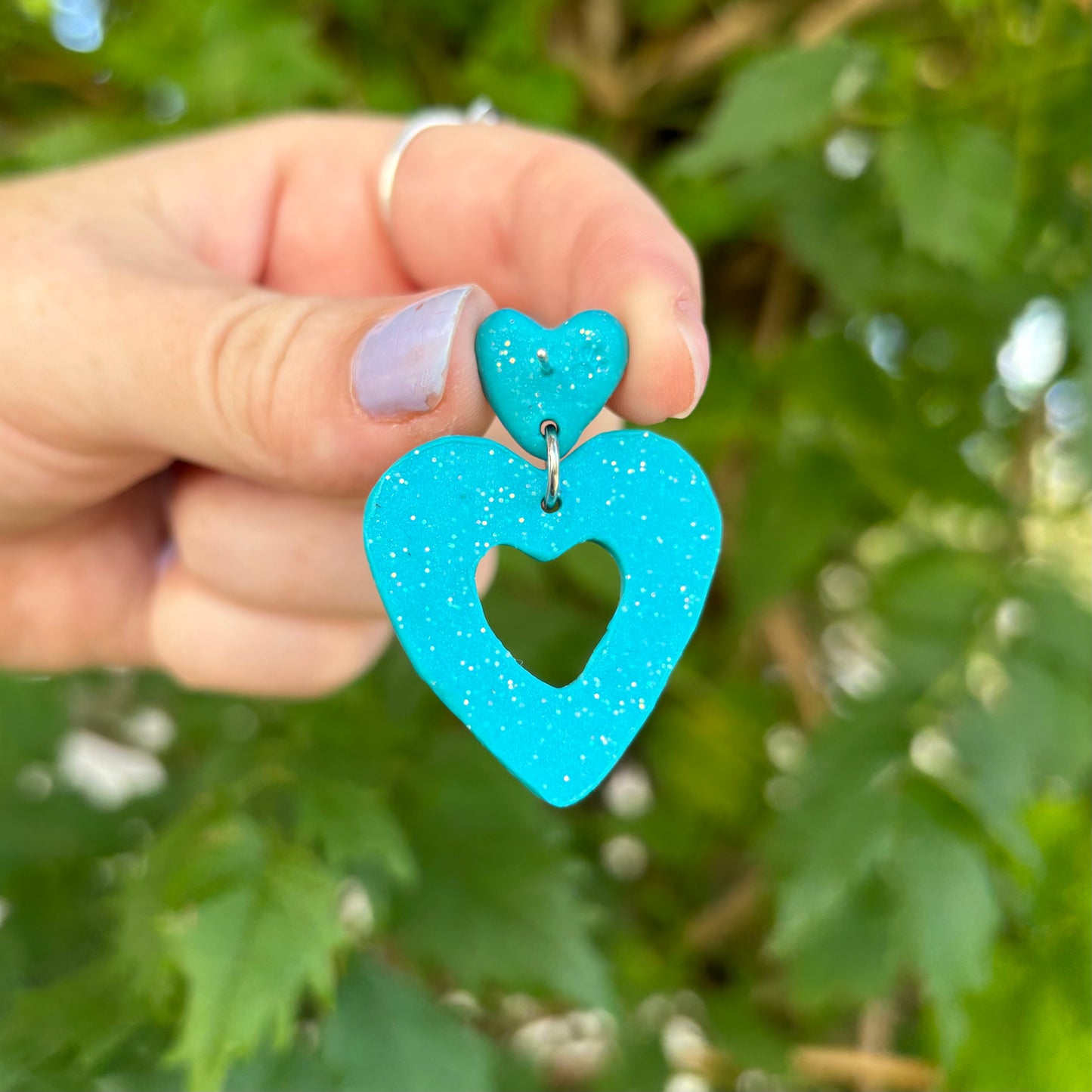 Money Magic X Large Blue Polymer Clay Heart Dangle Earrings Handmade