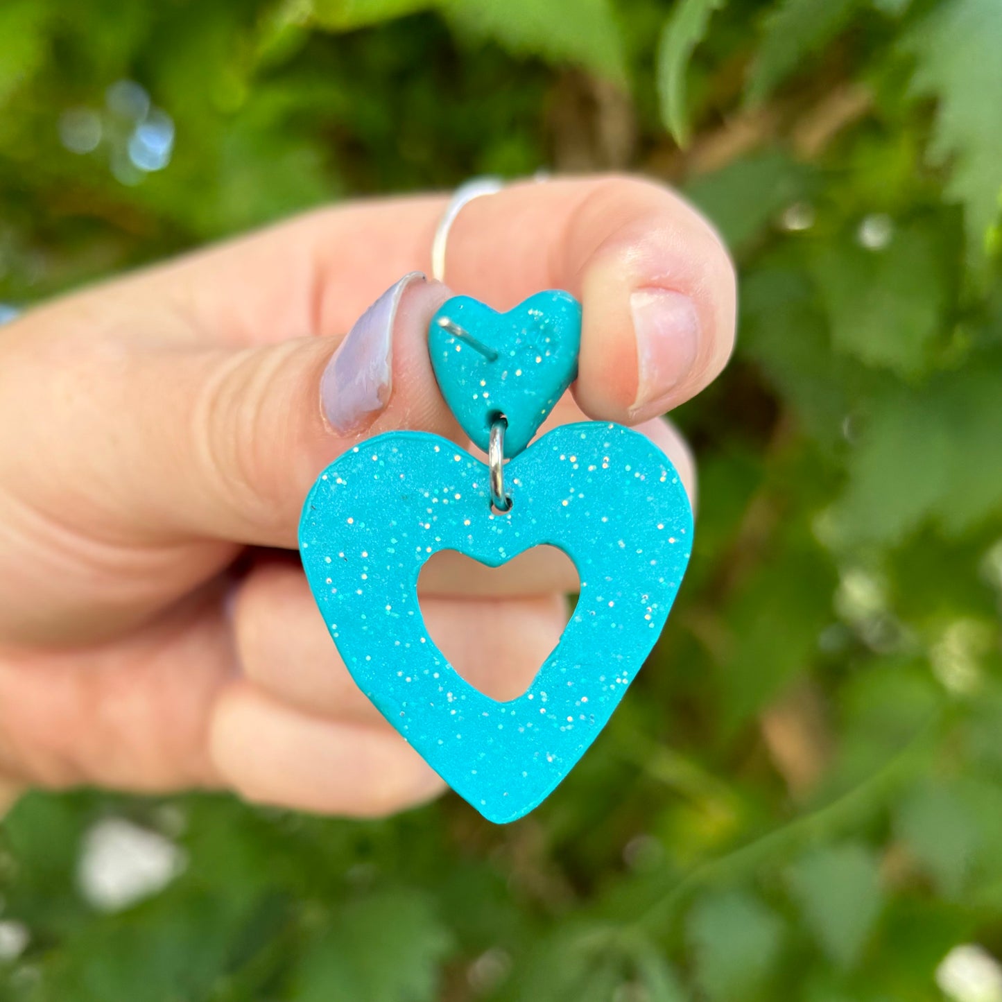 Money Magic X Large Blue Polymer Clay Heart Dangle Earrings Handmade