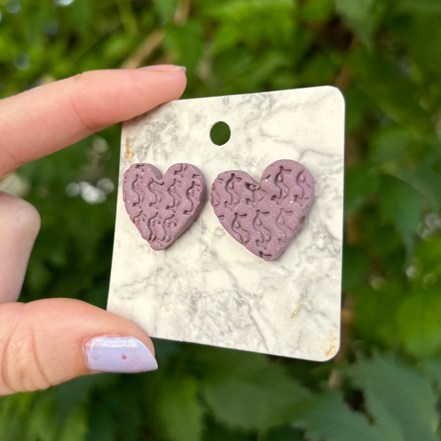 Money Magic Purple Medium Polymer Clay Heart Stud Earrings Handmade