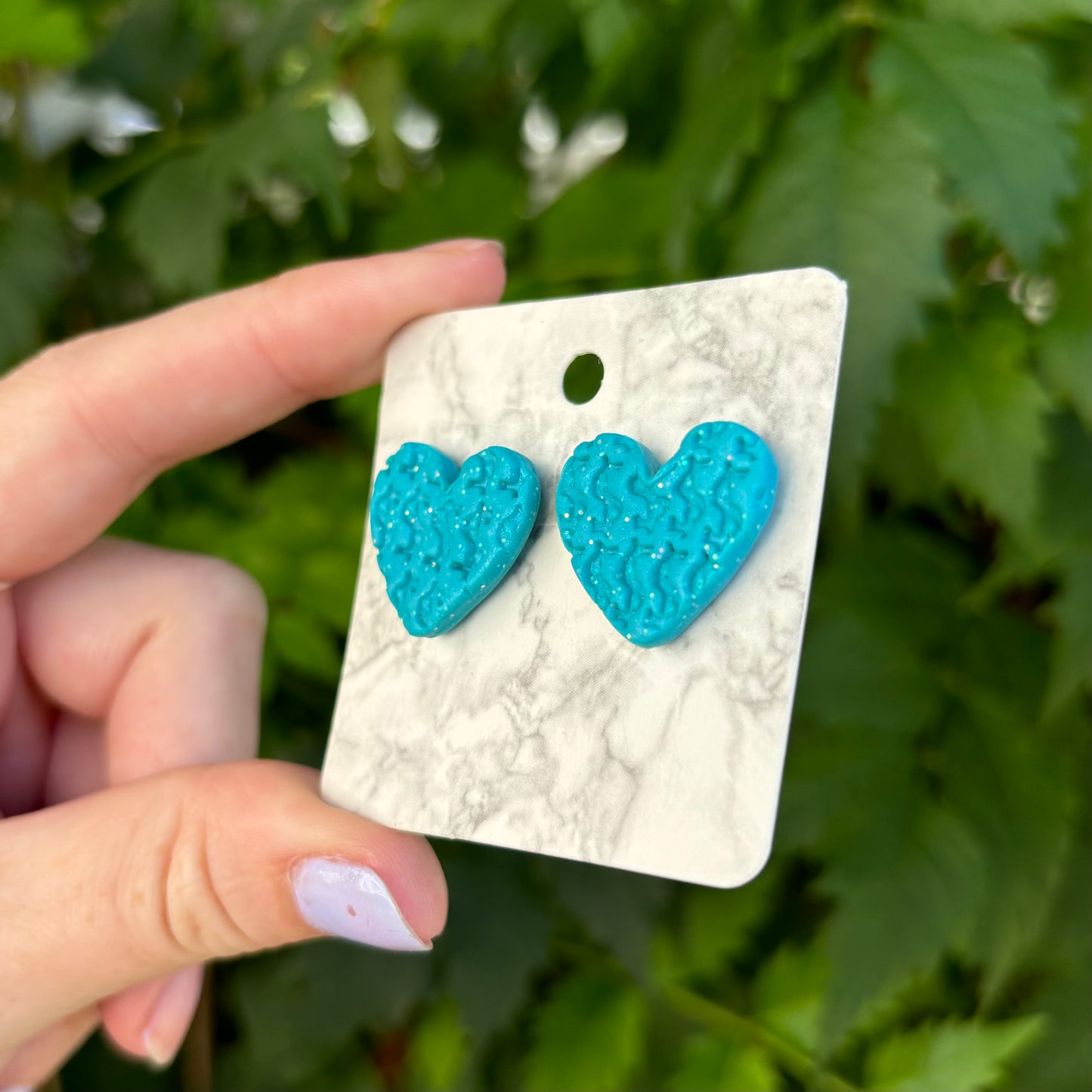 Money Magic Medium Blue Polymer Clay Heart Stud Earrings  Handmade