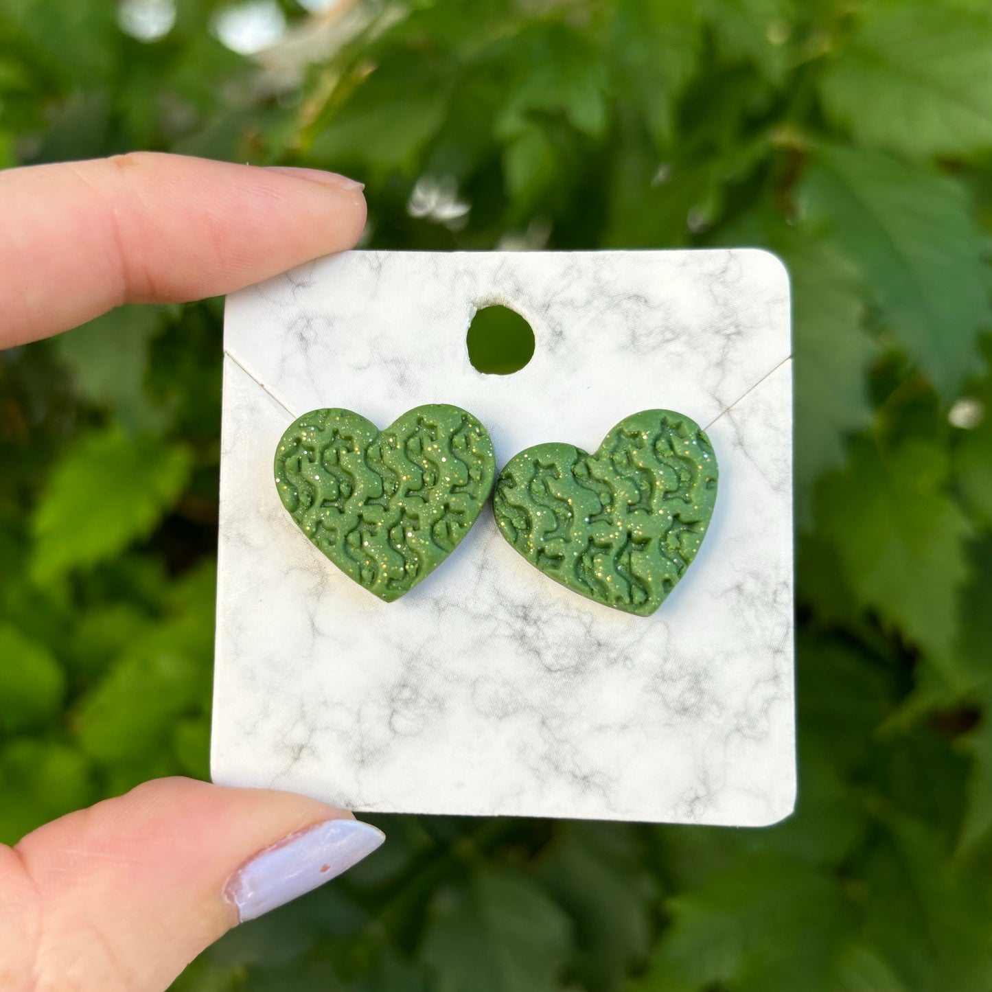 Money Magic Green Medium Polymer Clay Heart Stud Earrings Handmade