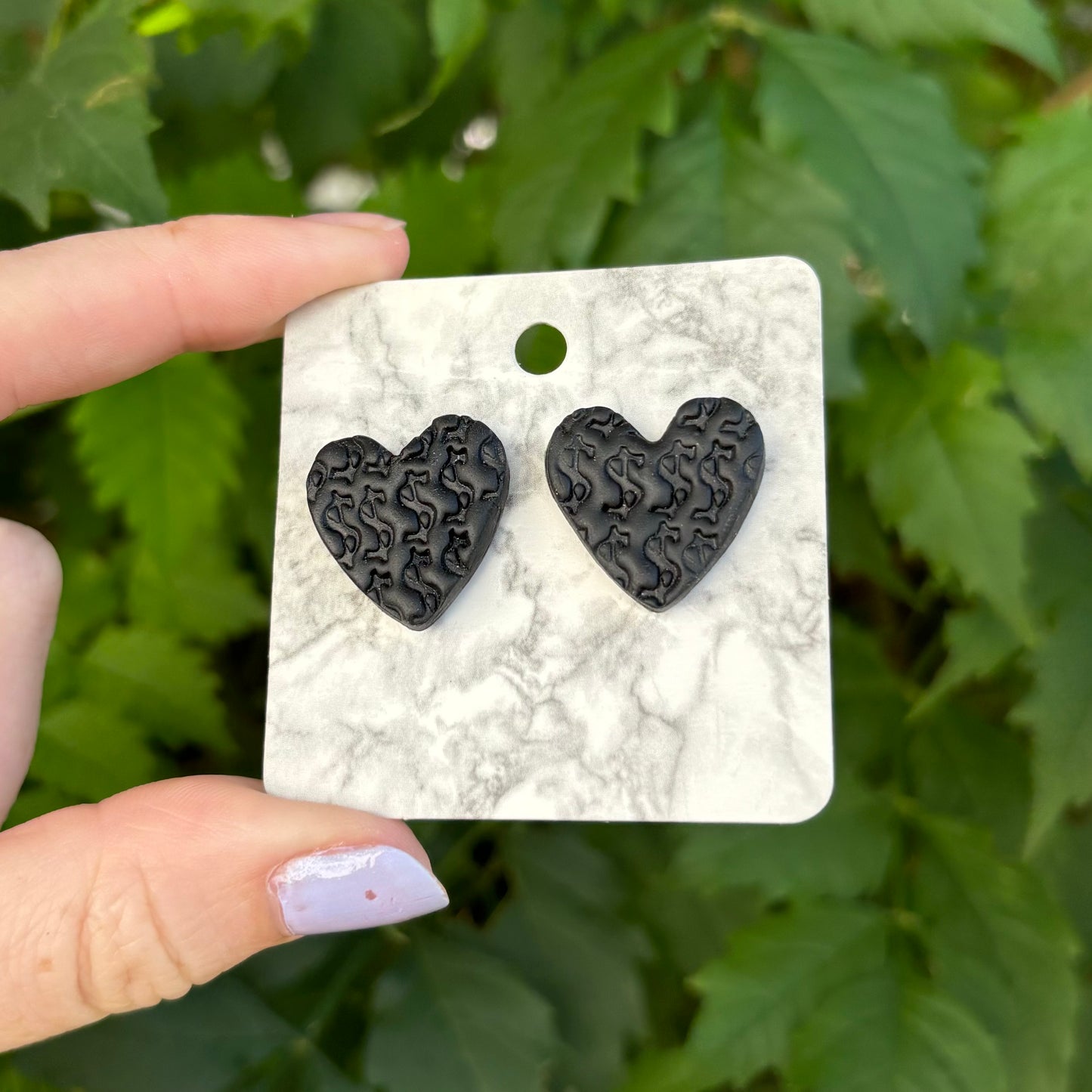 Money Magic Medium Black Polymer Clay Heart Stud Earrings Handmade