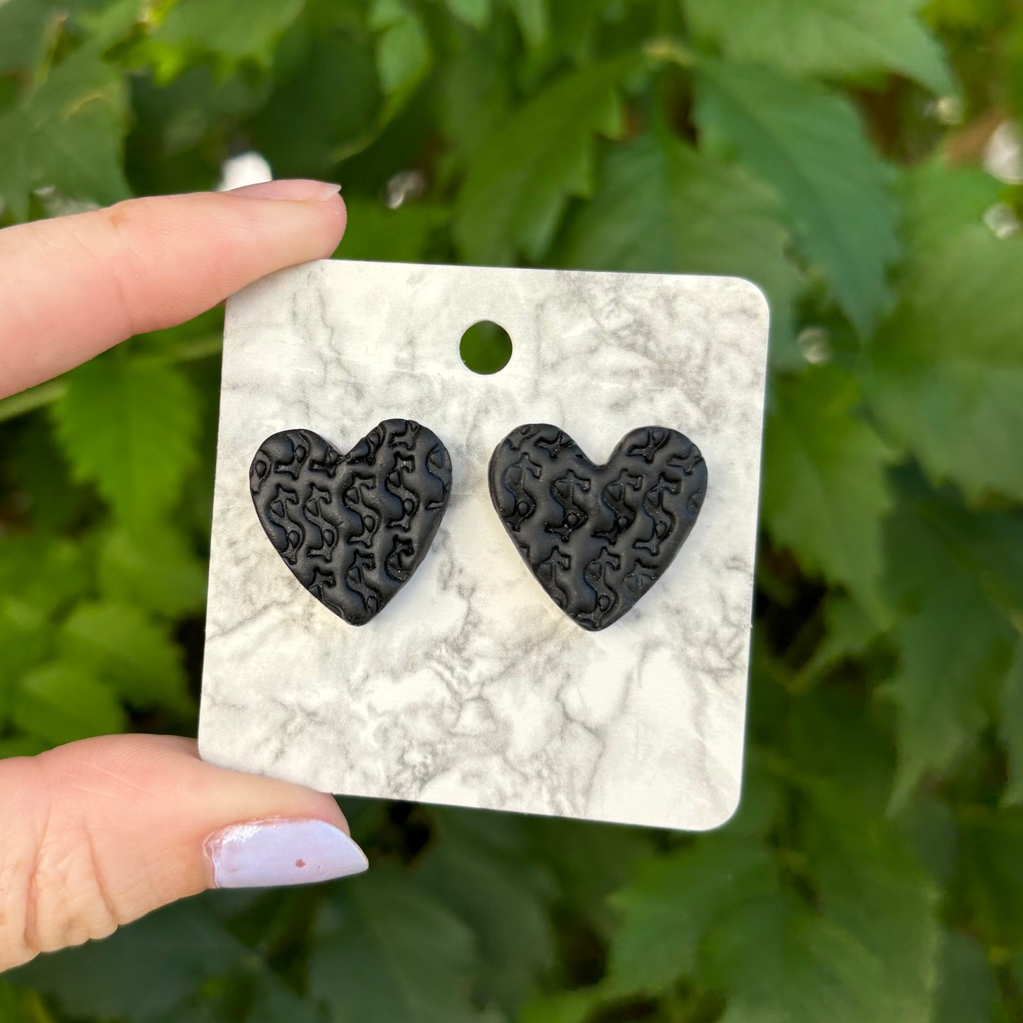 Money Magic Medium Black Polymer Clay Heart Stud Earrings Handmade