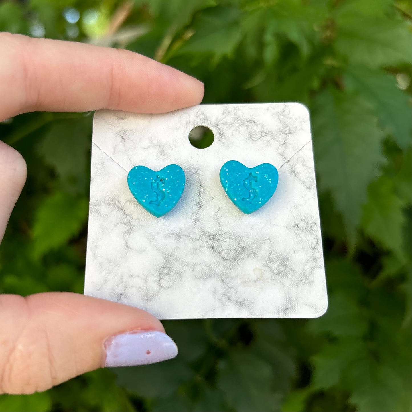 Money Magic Blue Small Polymer Clay Heart Stud Earrings Handmade