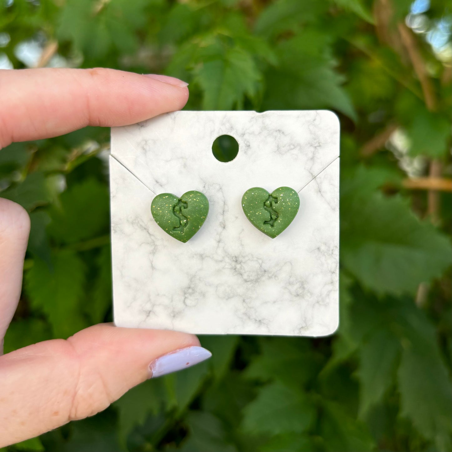 Money Magic Green Small Polymer Clay Heart Stud Earrings Handmade