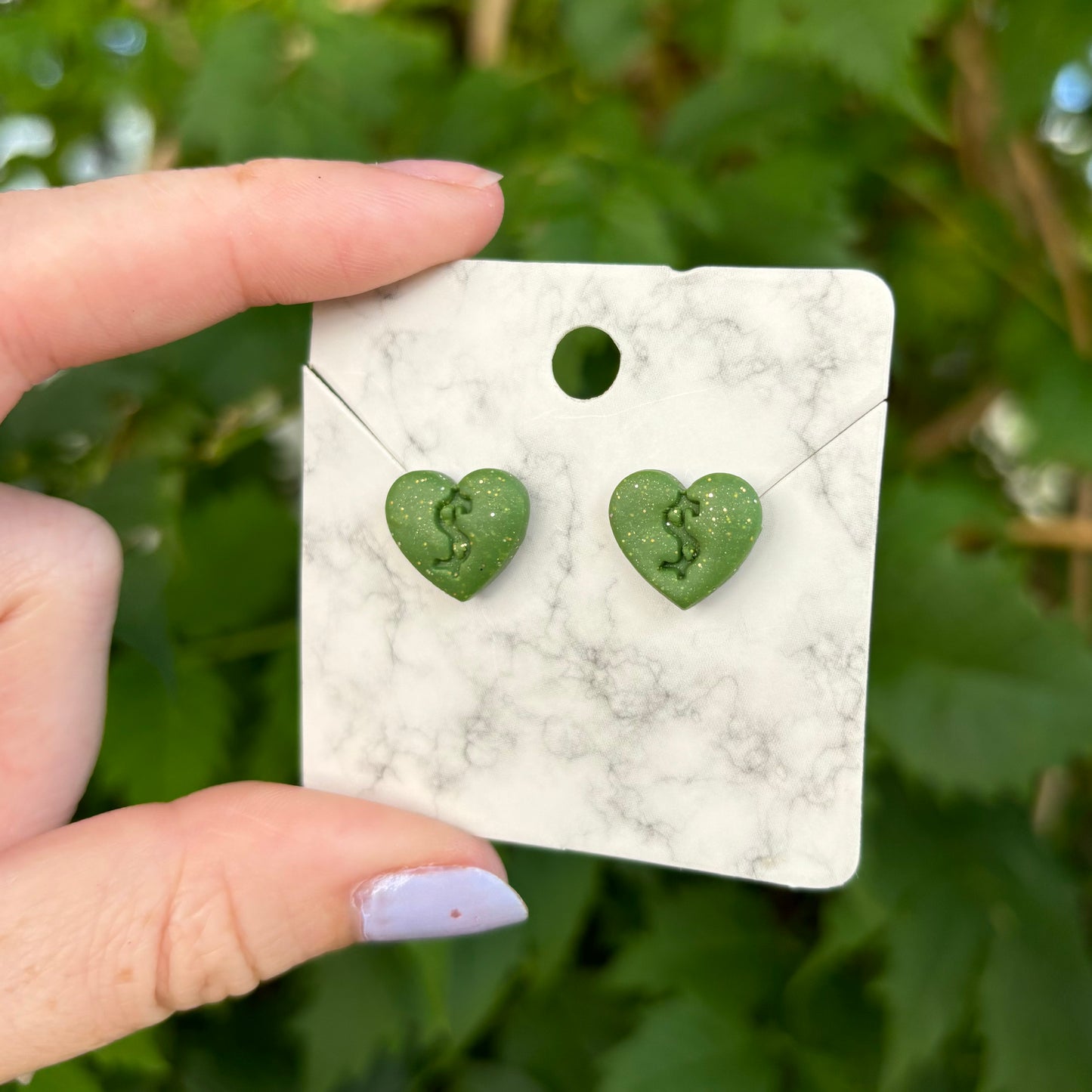 Money Magic Green Small Polymer Clay Heart Stud Earrings Handmade