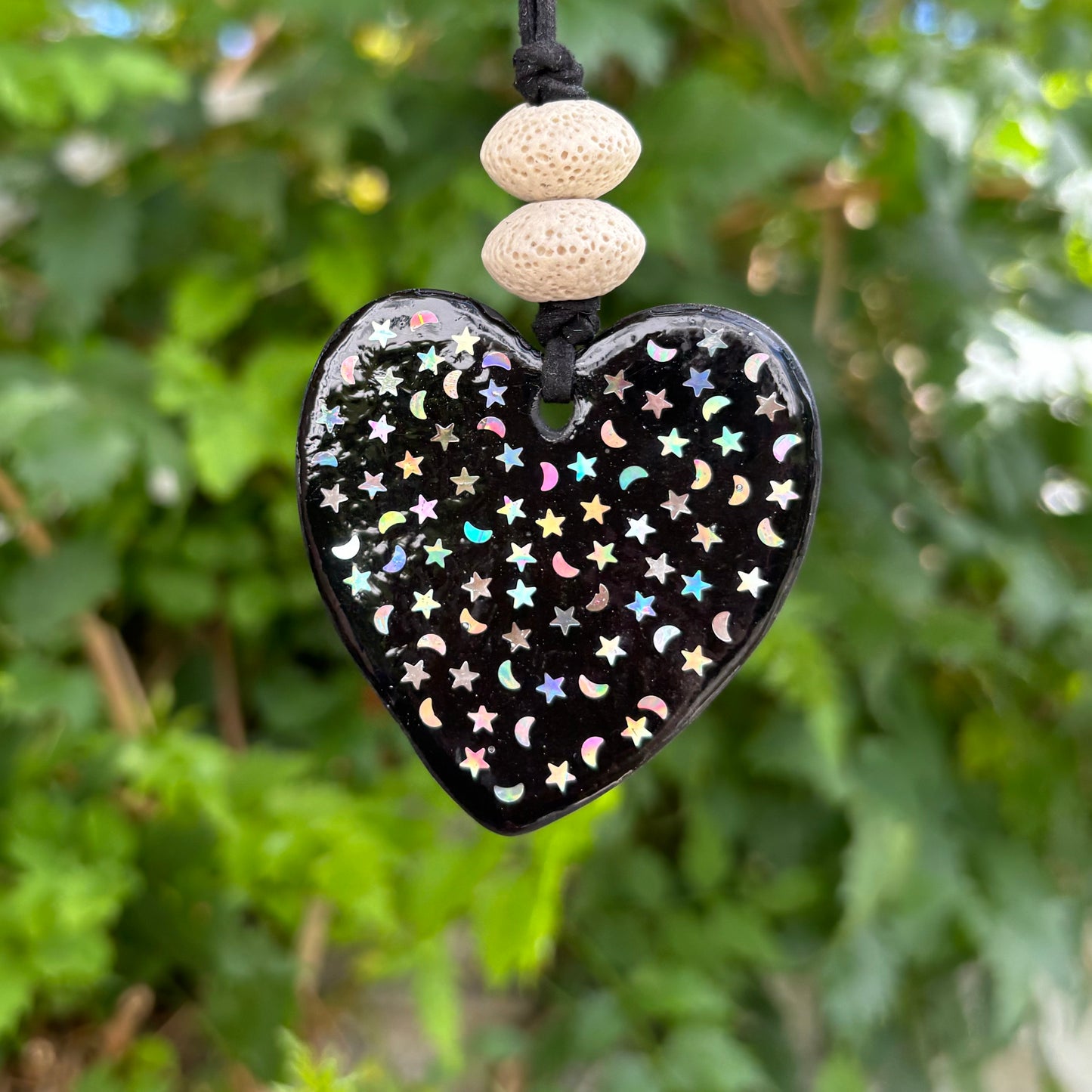 Heart Star & Moon Black Heart Clay Car Essential Oil Diffuser – Home Ornament & Hanging Decoration