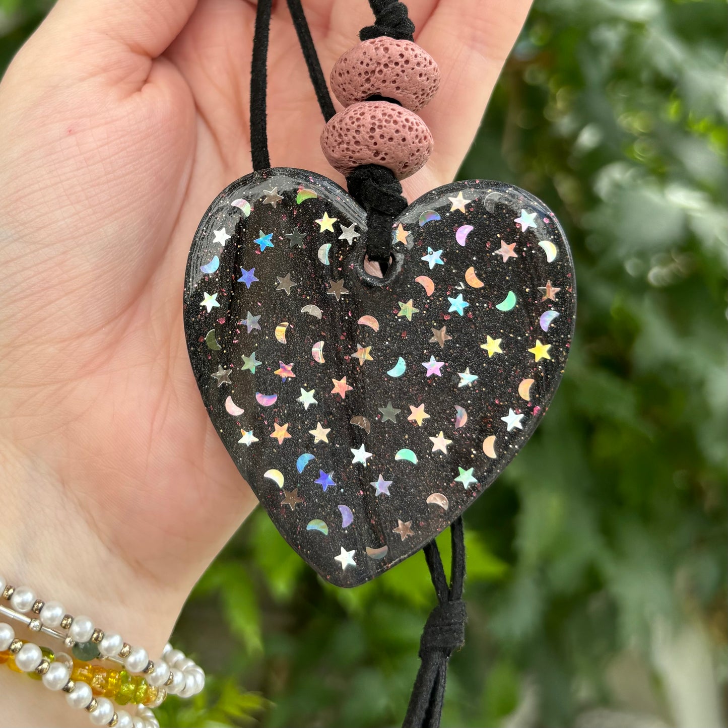 Heart Star & Moon Black Marbled Clay Car Essential Oil Diffuser – Home Ornament & Hanging Decoration