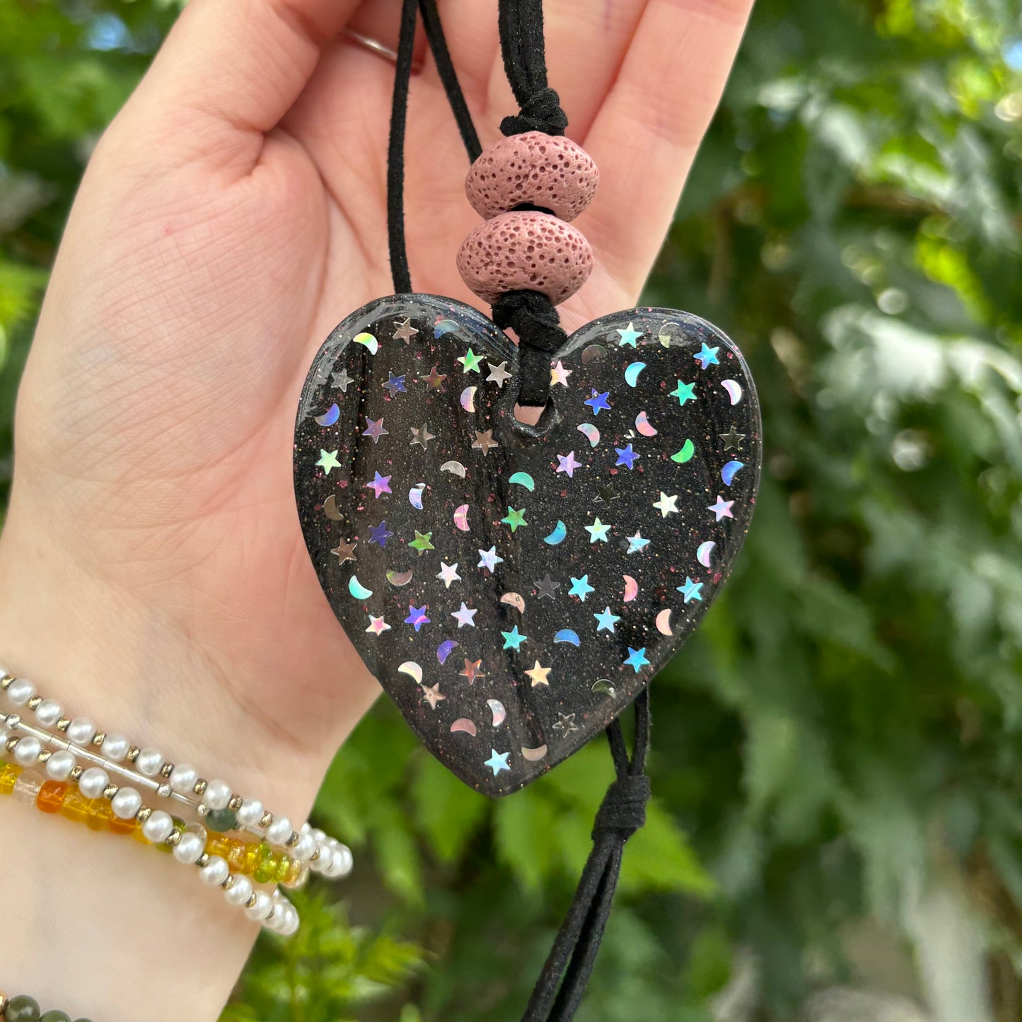 Heart Star & Moon Black Marbled Clay Car Essential Oil Diffuser – Home Ornament & Hanging Decoration