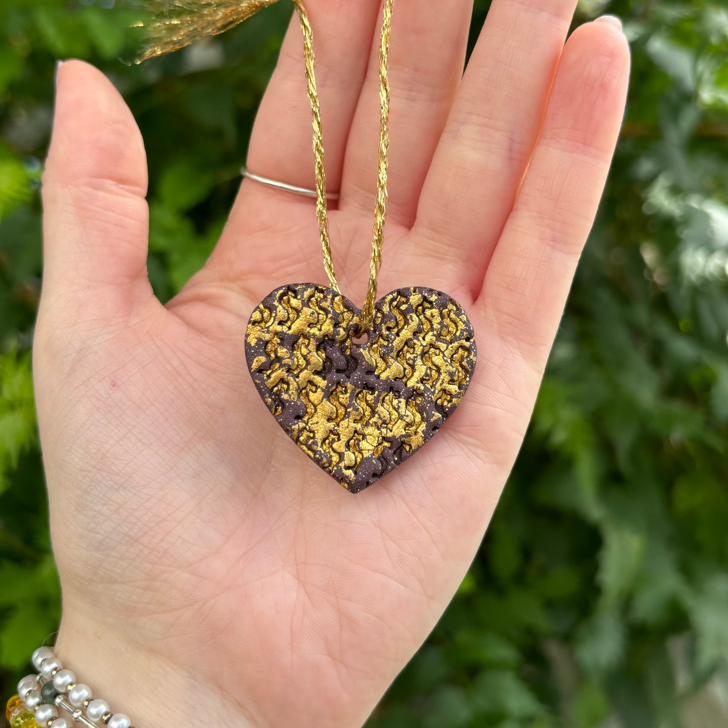 Money Magic Maroon & Gold Leaf Polymer Clay Heart Ornament Handmade