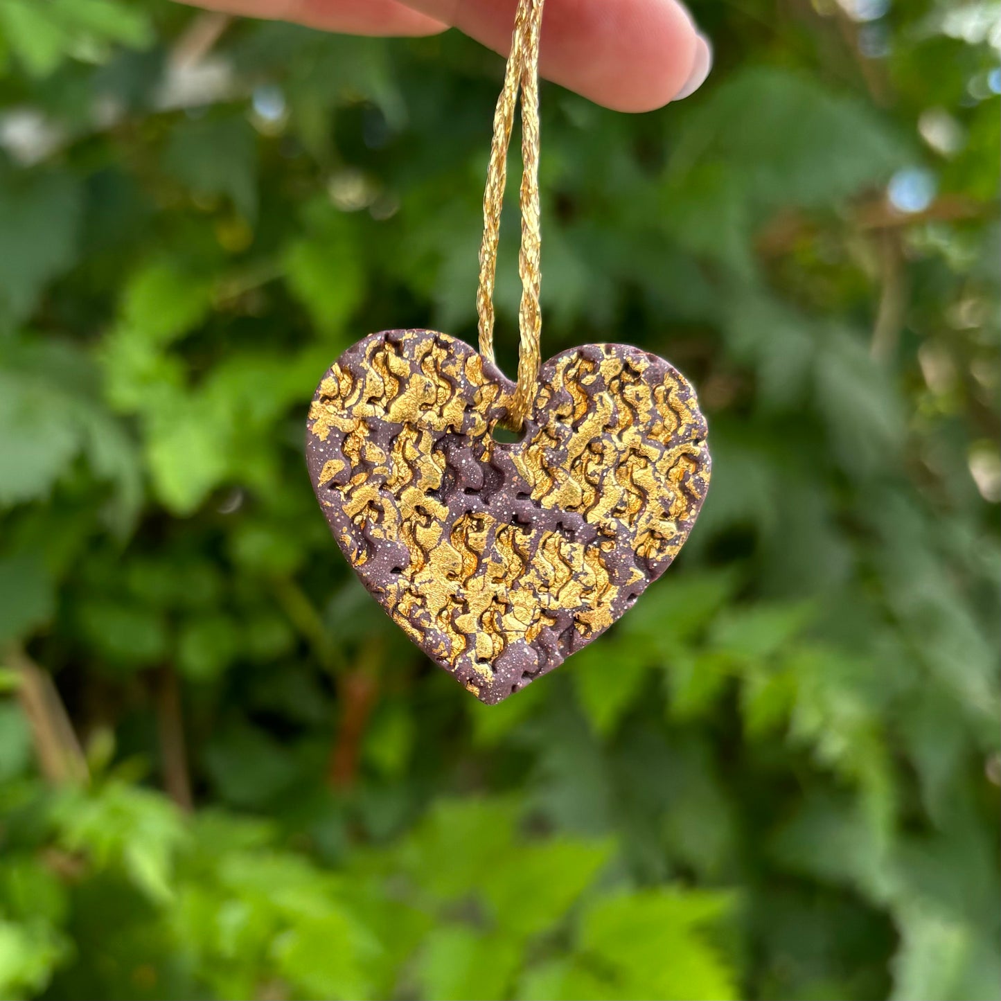 Money Magic Maroon & Gold Leaf Polymer Clay Heart Ornament Handmade