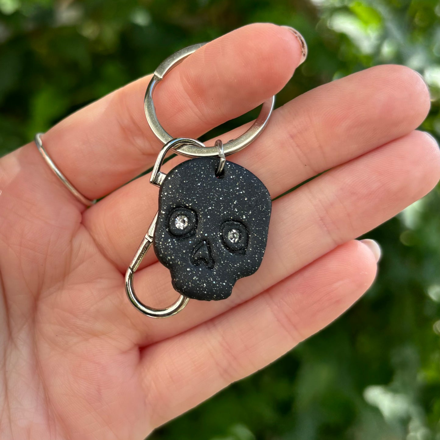 Diamond Eyes Skull Black Polymer Clay Keychain Handmade