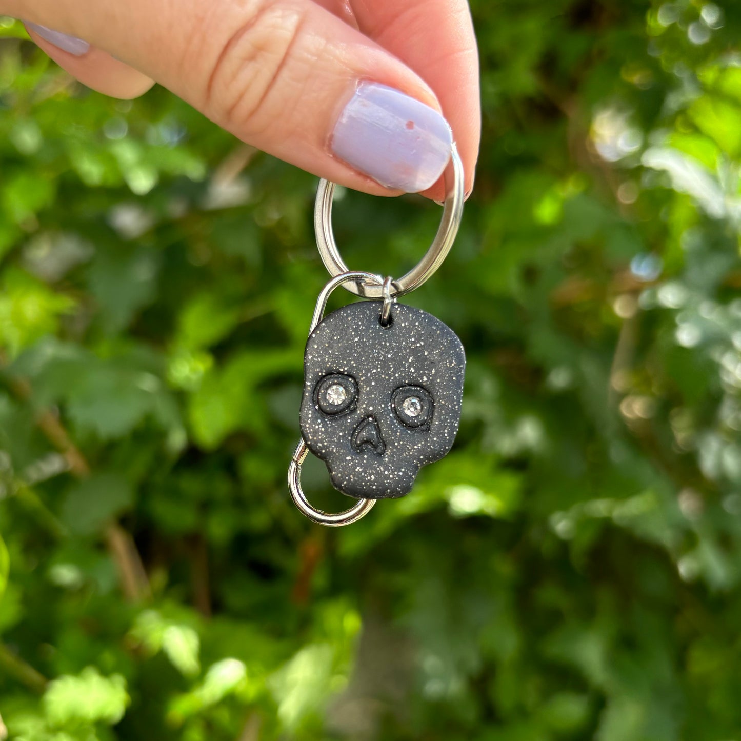 Diamond Eyes Skull Black Polymer Clay Keychain Handmade