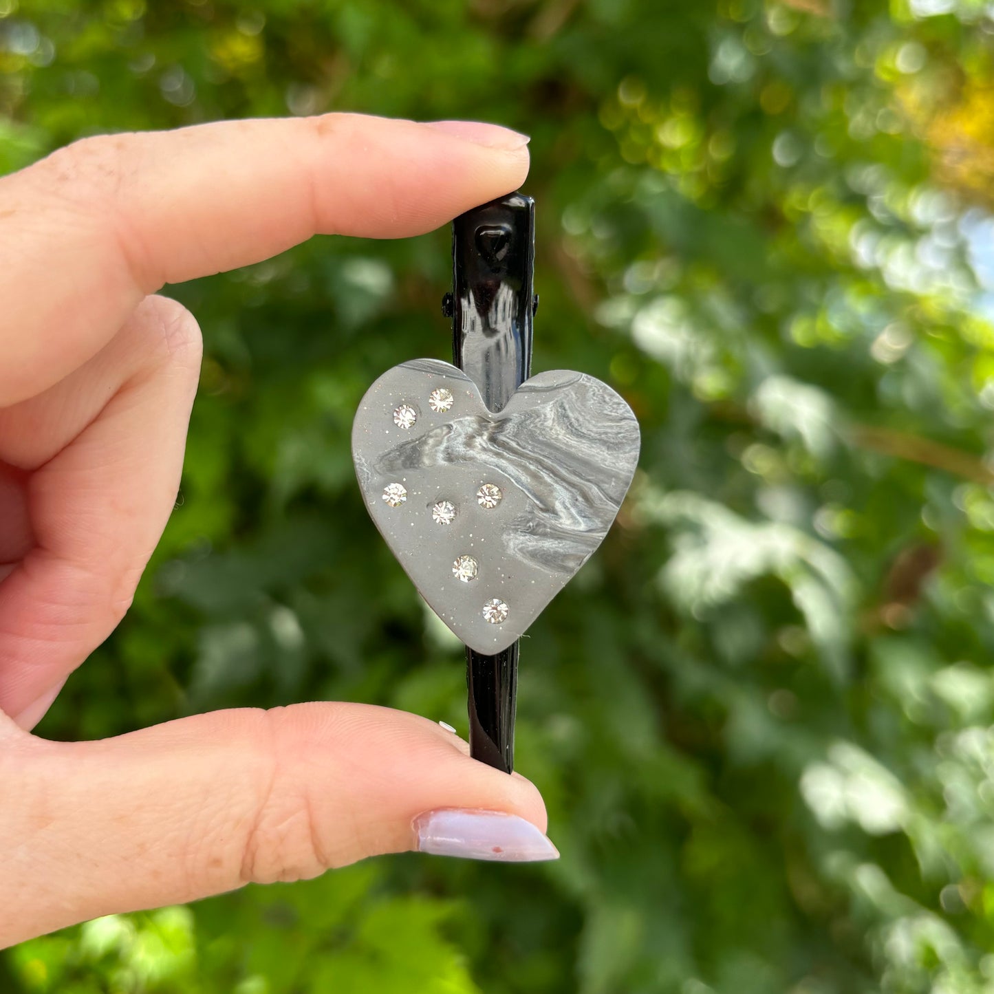 Marbled Gray & White Diamond Polymer Clay Heart Hair Clip  – Handmade Hair Accessory