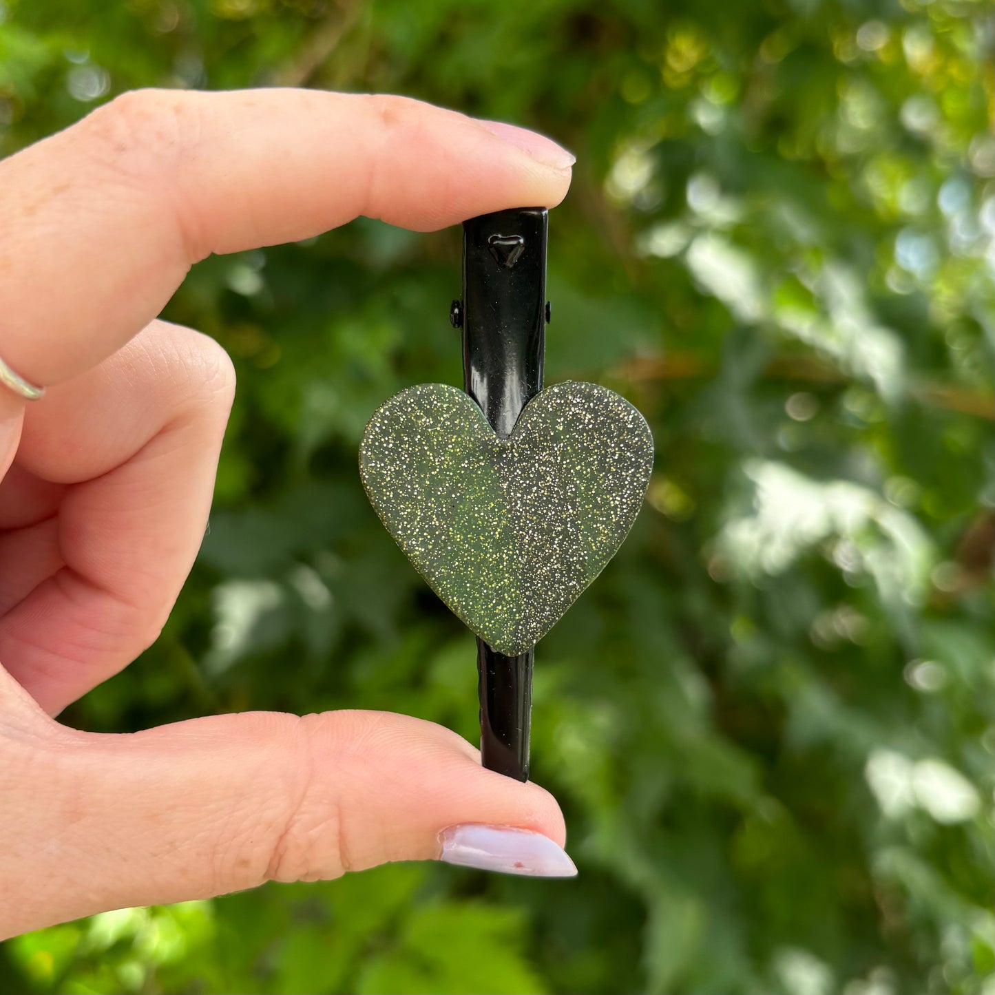 Green Glitter Polymer Clay Heart Hair Clip – Handmade Hair Accessory