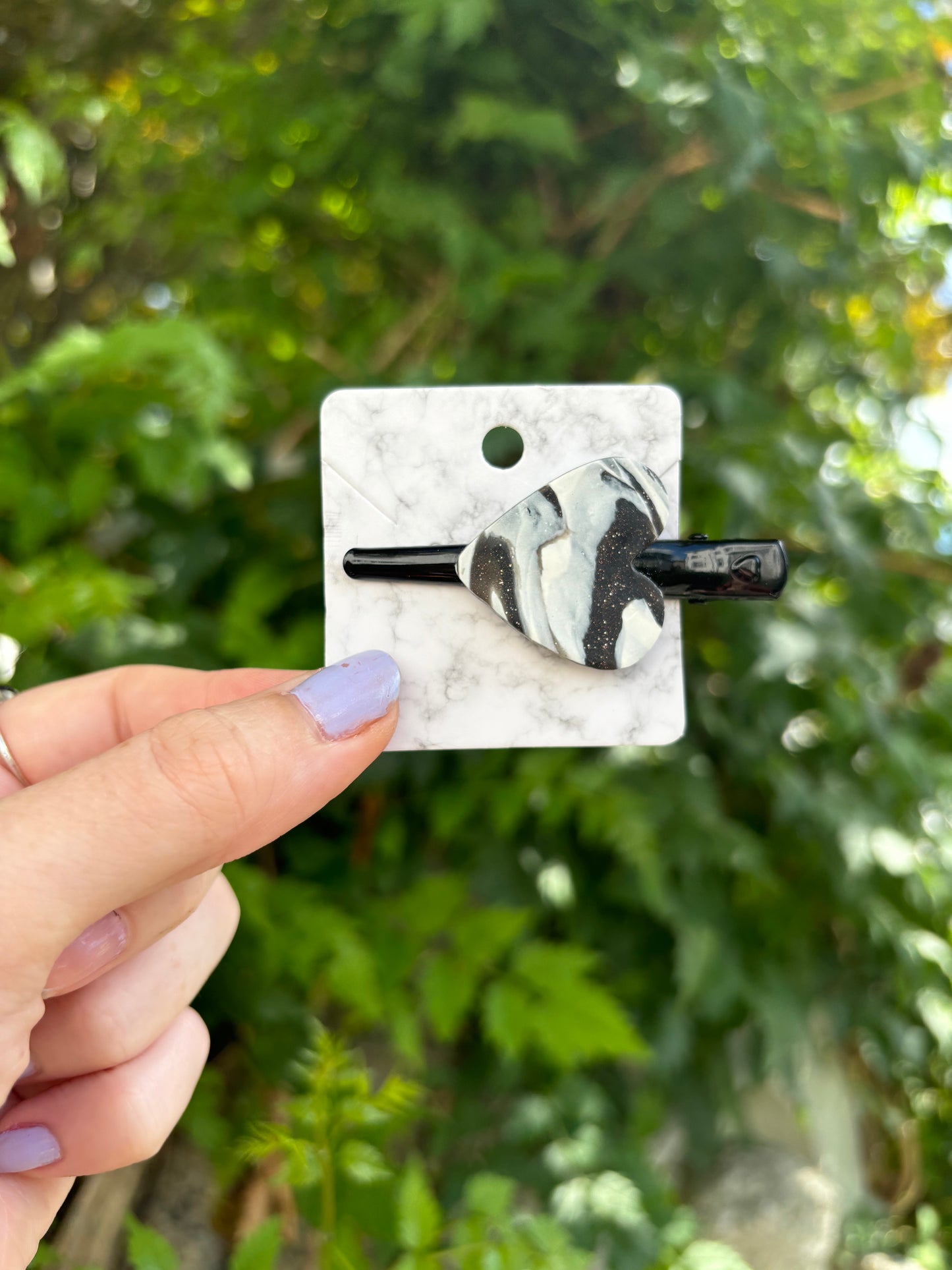 Marbled Black & White Polymer Clay Heart Hair 2 Clip Handmade Hair Accessory