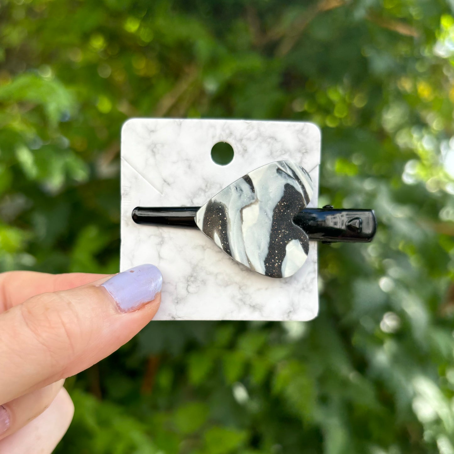 Marbled Black & White Polymer Clay Heart Hair 2 Clip Handmade Hair Accessory