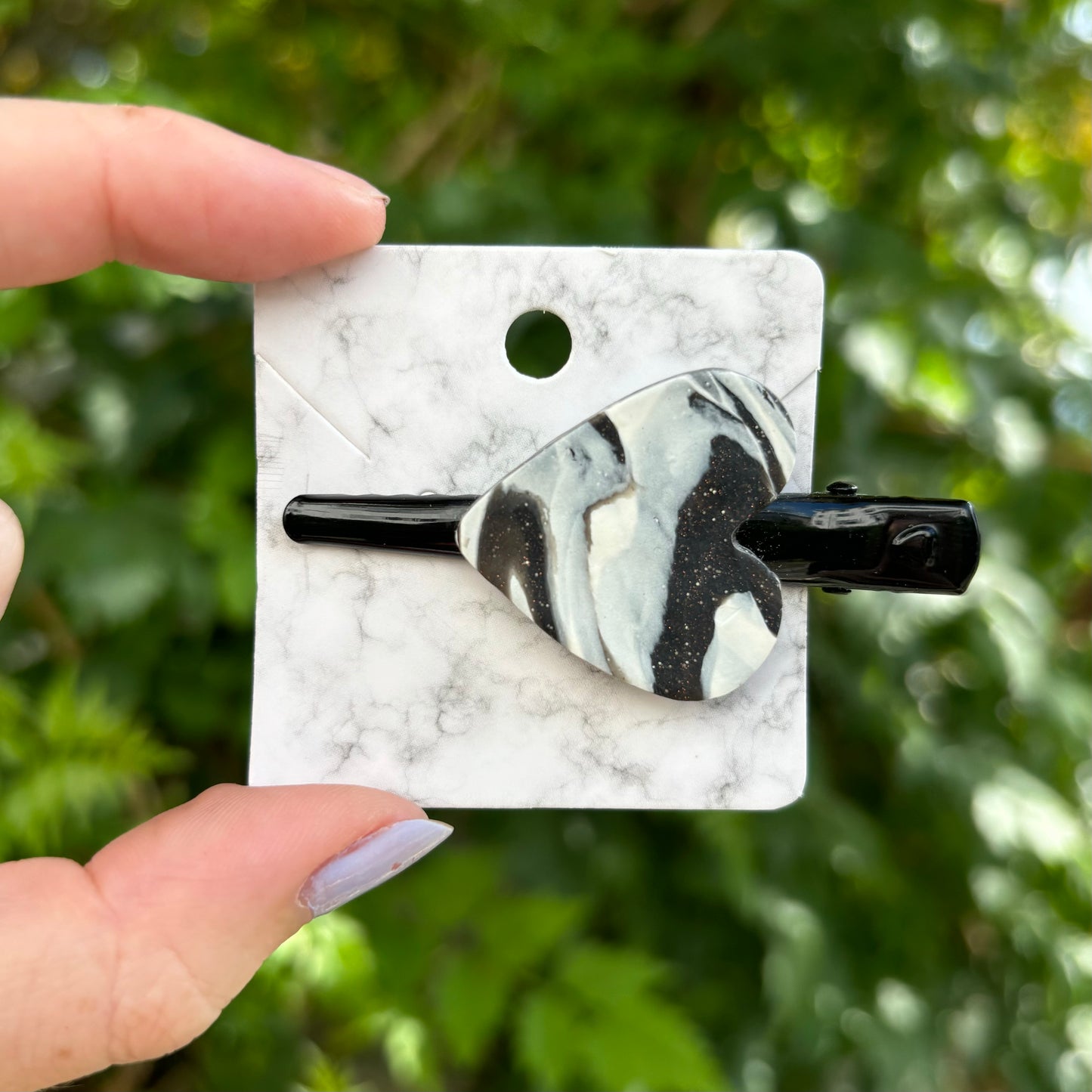 Marbled Black & White Polymer Clay Heart Hair 2 Clip Handmade Hair Accessory