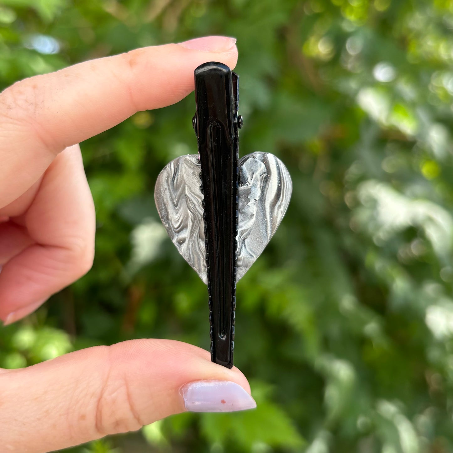 Marbled Black & White Polymer Clay Heart Hair 2 Clip Handmade Hair Accessory