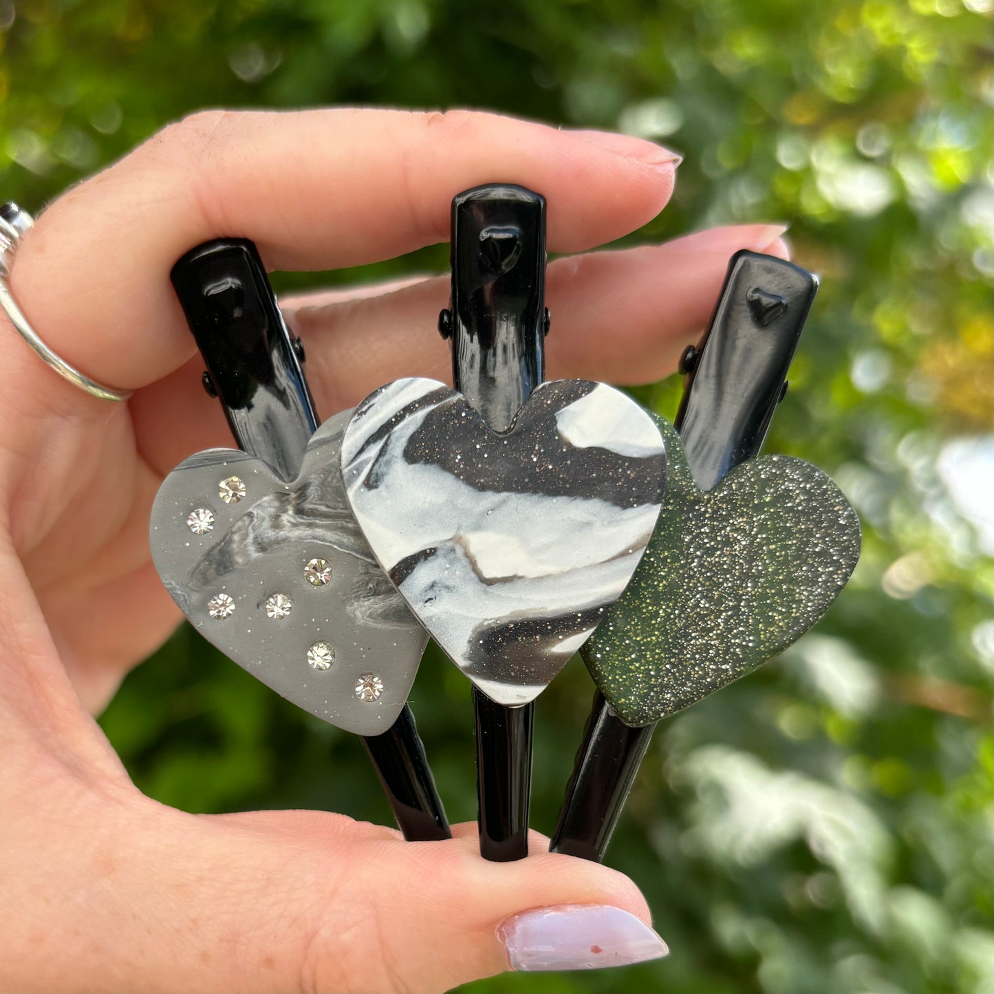 Marbled Gray & White Diamond Polymer Clay Heart Hair Clip  – Handmade Hair Accessory