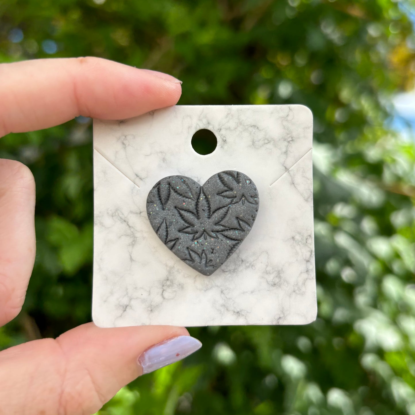 Medicated 420 Gray Polymer Clay Heart Pin Large Handmade