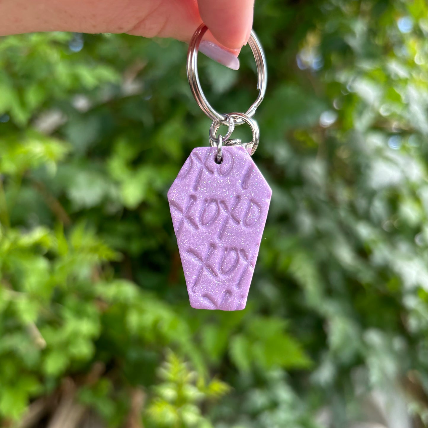 Till Death Do Is Part XOXO Purple Polymer Clay Keychain Handmade