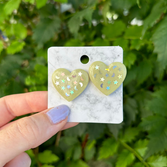 Starry Night Heart Yellow Polymer XL Clay Stud Earrings