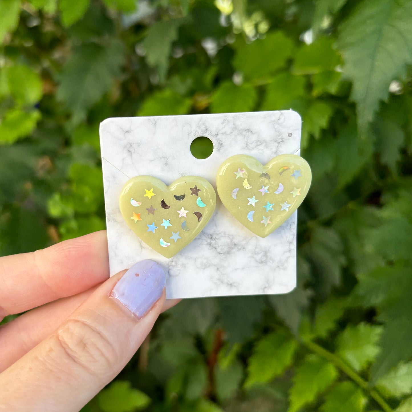 Starry Night Heart Yellow Polymer XL Clay Stud Earrings