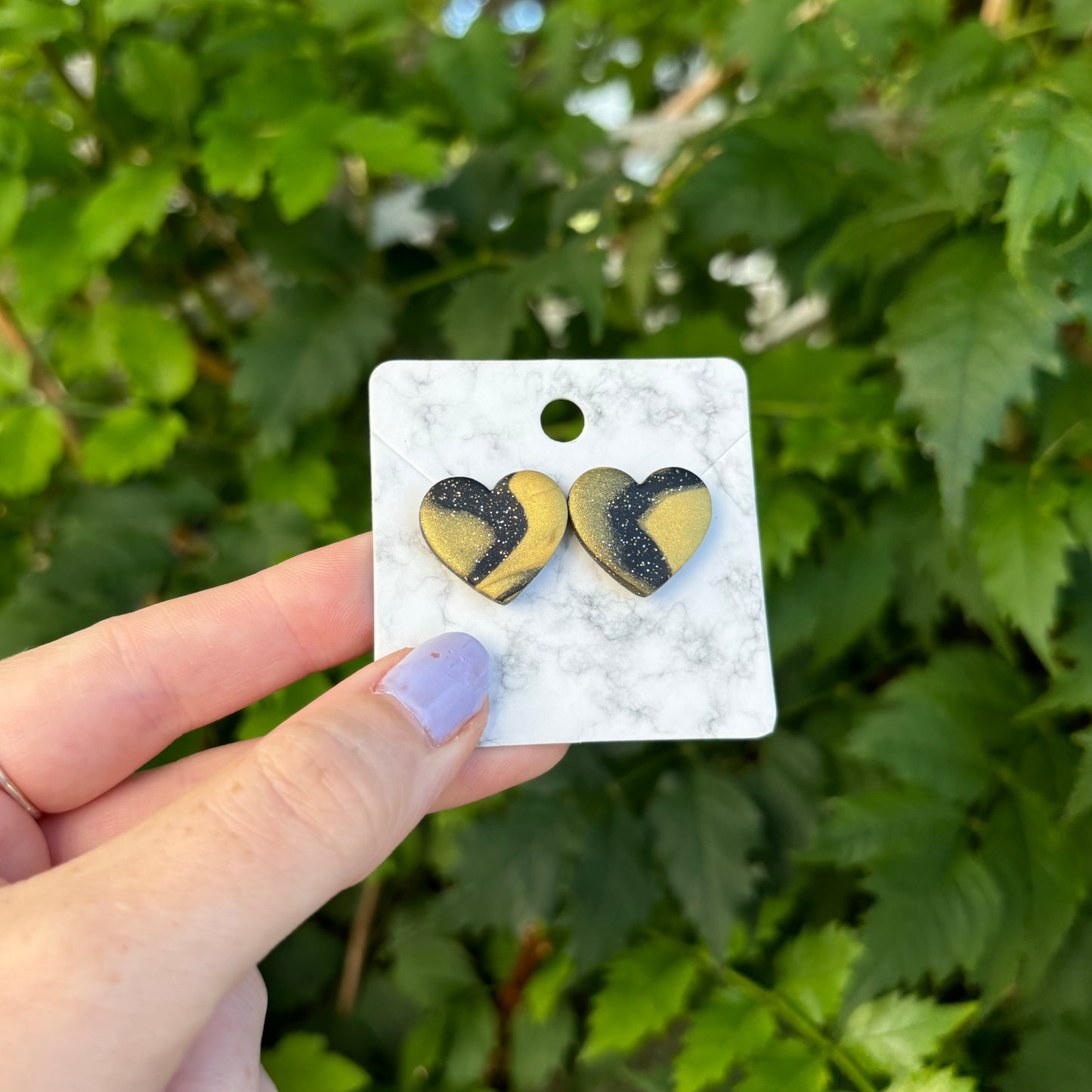 Black & Gold Polymer Clay Heart Stud Earrings – Medium Handmade