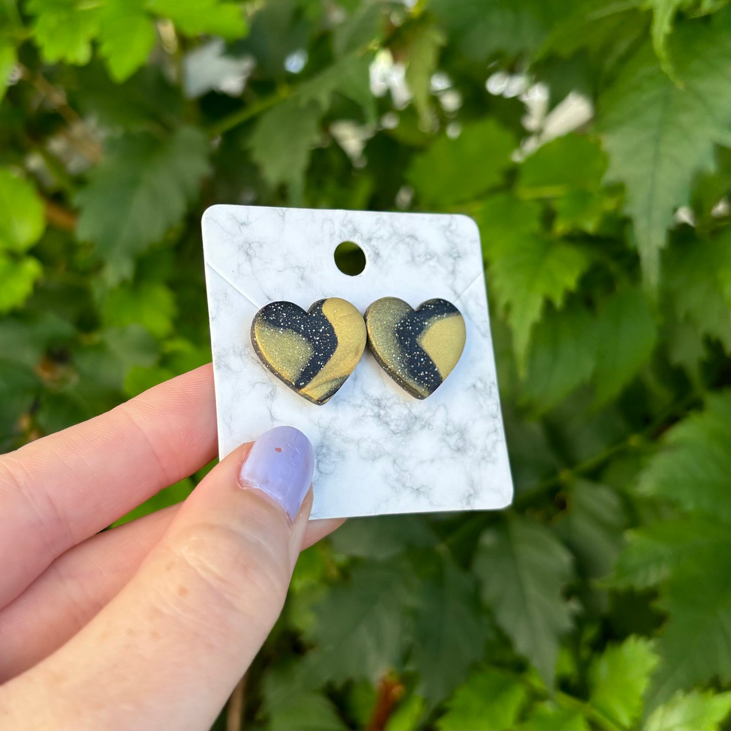 Black & Gold Polymer Clay Heart Stud Earrings – Medium Handmade