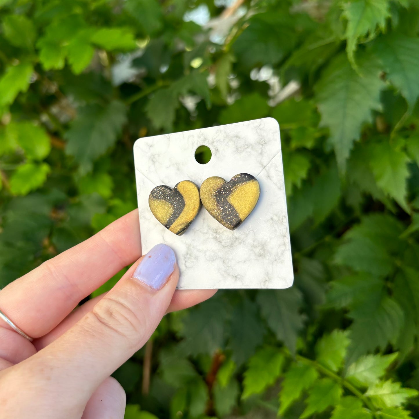 Black & Gold Polymer Clay Heart Stud Earrings – Medium Handmade