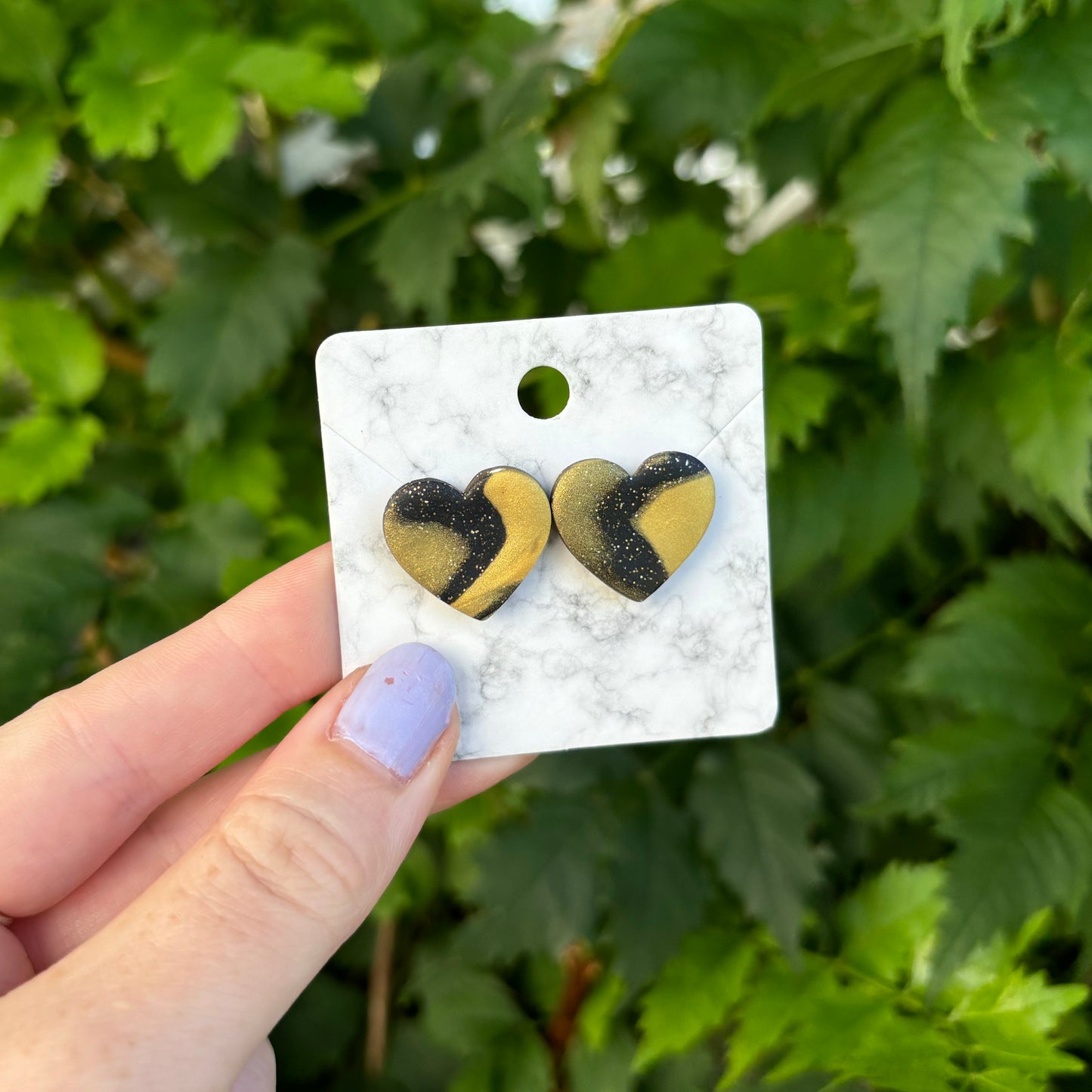 Black & Gold Polymer Clay Heart Stud Earrings – Medium Handmade