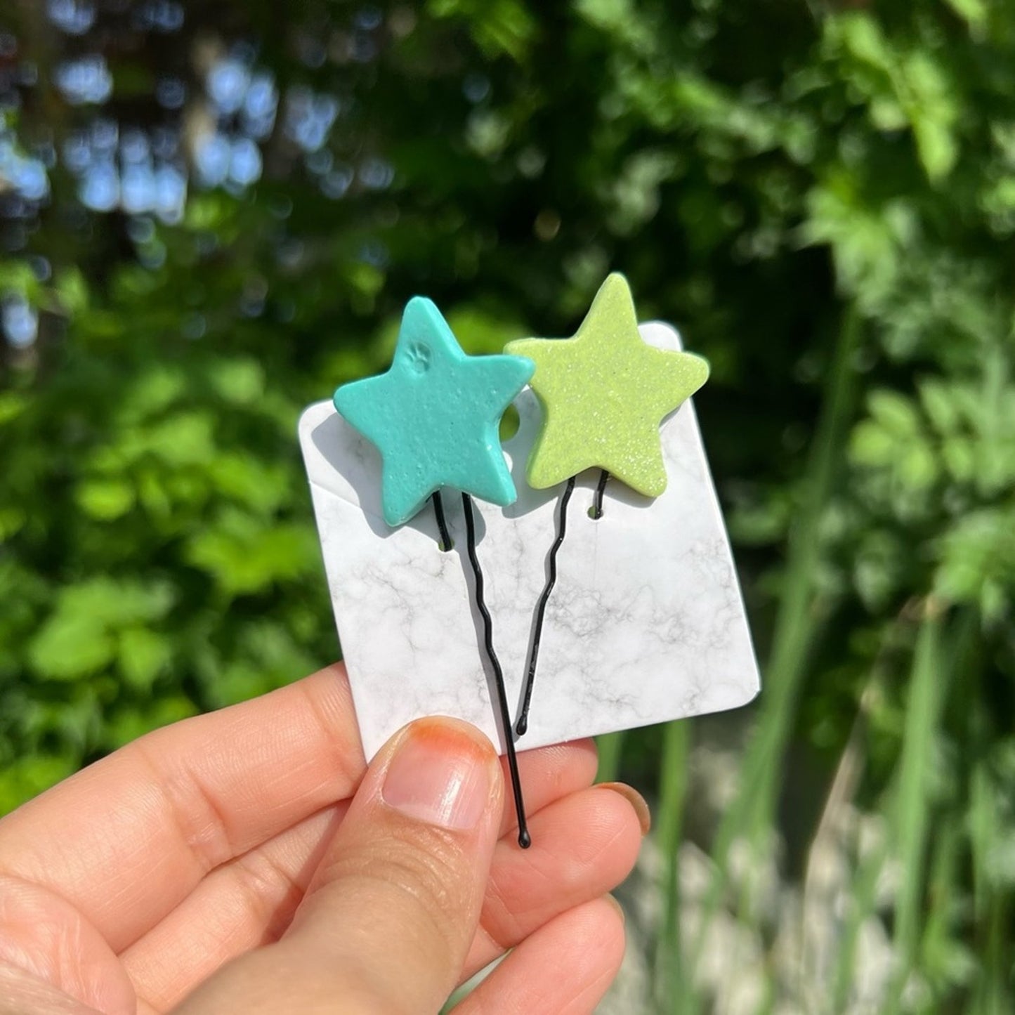Star Green & Teal Polymer Clay Hair Pins Handmade